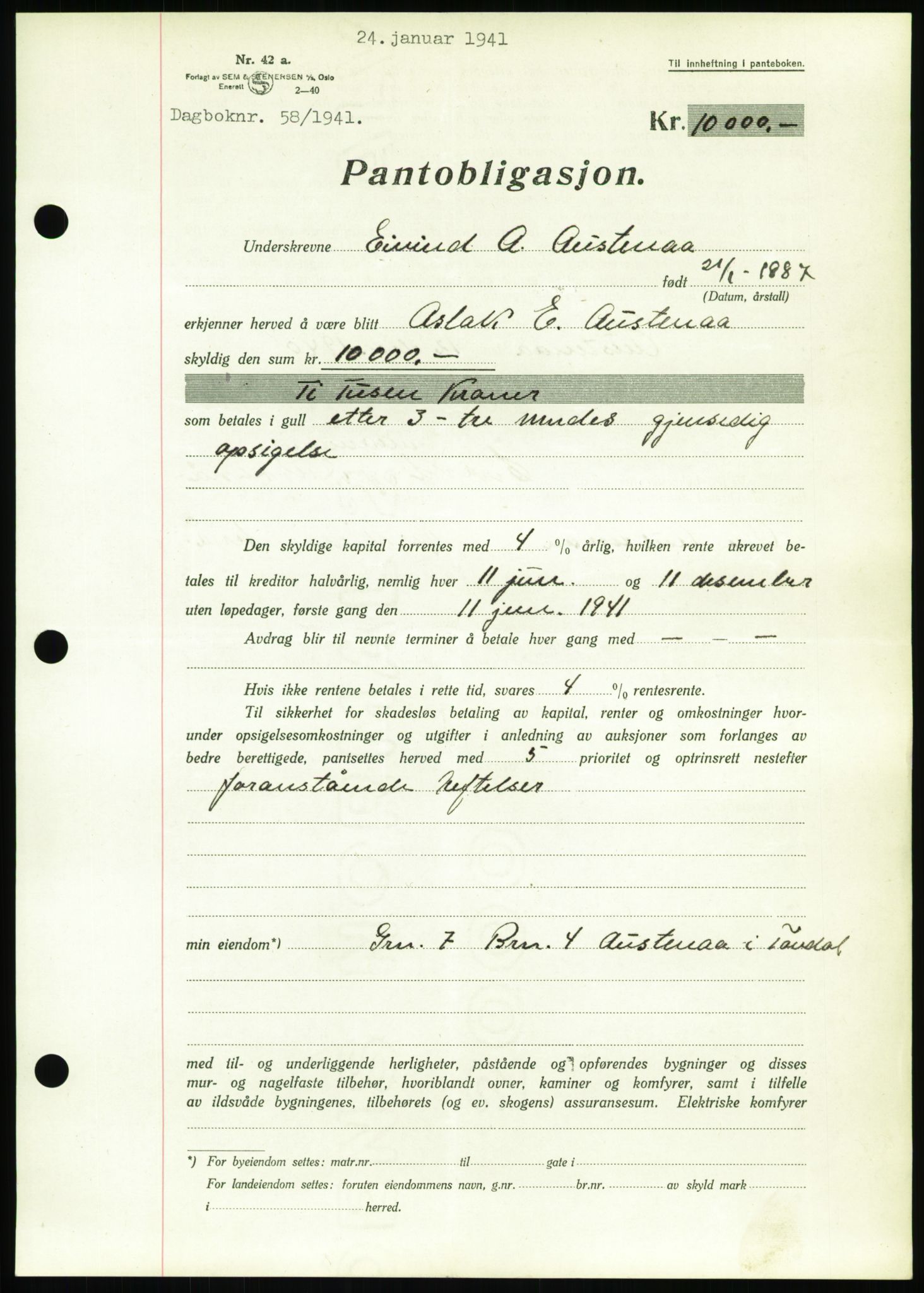 Nedenes sorenskriveri, SAK/1221-0006/G/Gb/Gbb/L0001: Pantebok nr. I, 1939-1942, Dagboknr: 58/1941