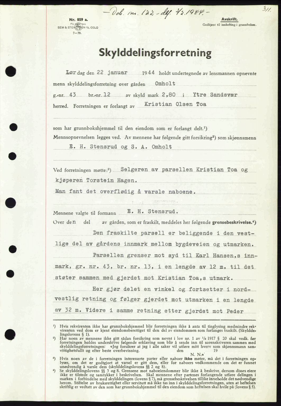 Numedal og Sandsvær sorenskriveri, SAKO/A-128/G/Ga/Gaa/L0055: Pantebok nr. A7, 1943-1944, Dagboknr: 122/1944