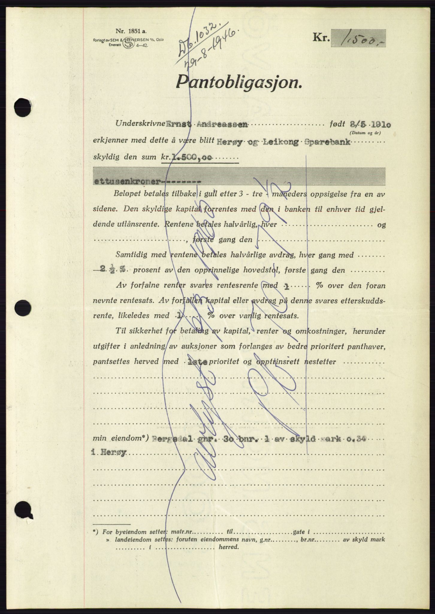 Søre Sunnmøre sorenskriveri, AV/SAT-A-4122/1/2/2C/L0114: Pantebok nr. 1-2B, 1943-1947, Dagboknr: 1032/1946