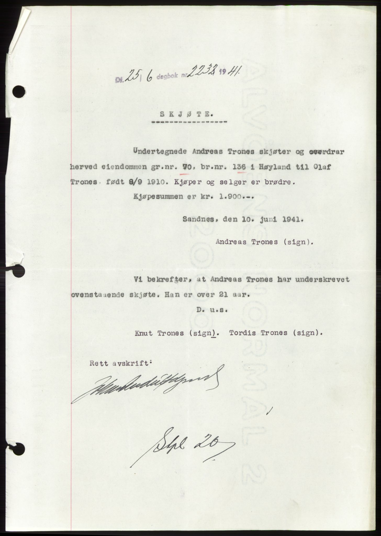 Jæren sorenskriveri, SAST/A-100310/03/G/Gba/L0080: Pantebok, 1941-1941, Dagboknr: 2232/1941