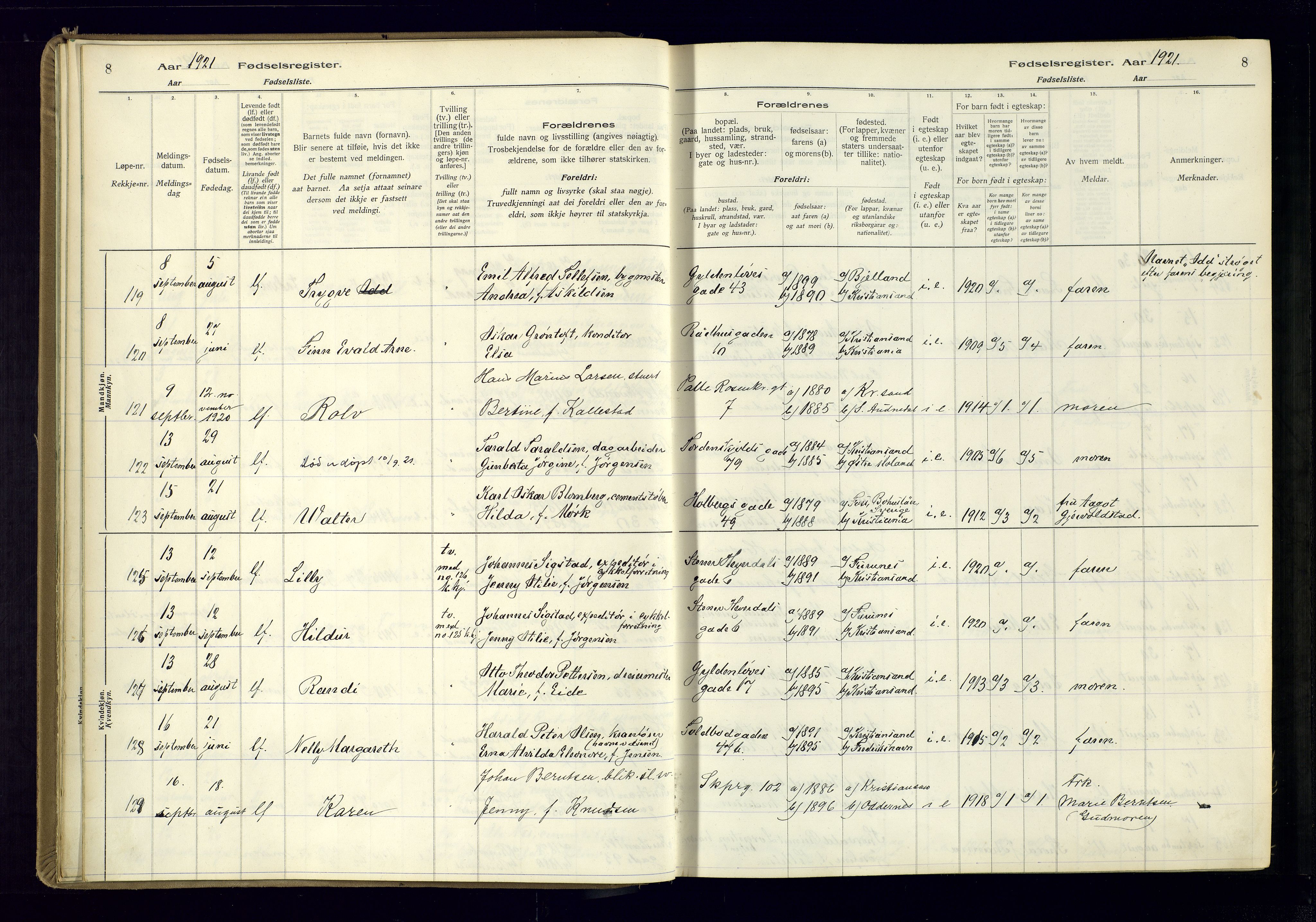 Kristiansand domprosti, AV/SAK-1112-0006/J/Jc/L0002: Fødselsregister nr. A-VI-46, 1921-1926, s. 8