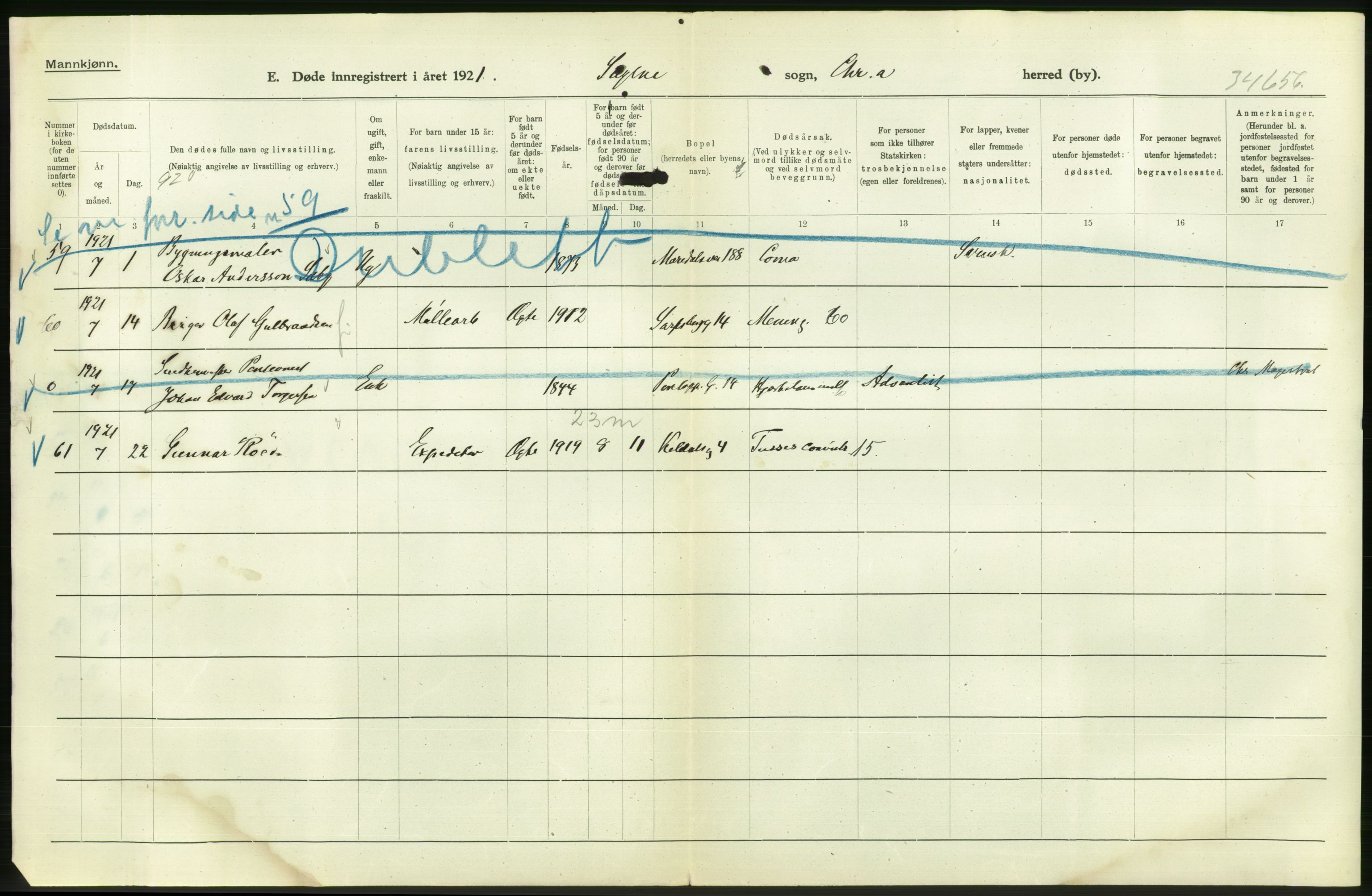 Statistisk sentralbyrå, Sosiodemografiske emner, Befolkning, AV/RA-S-2228/D/Df/Dfc/Dfca/L0013: Kristiania: Døde, dødfødte, 1921, s. 88