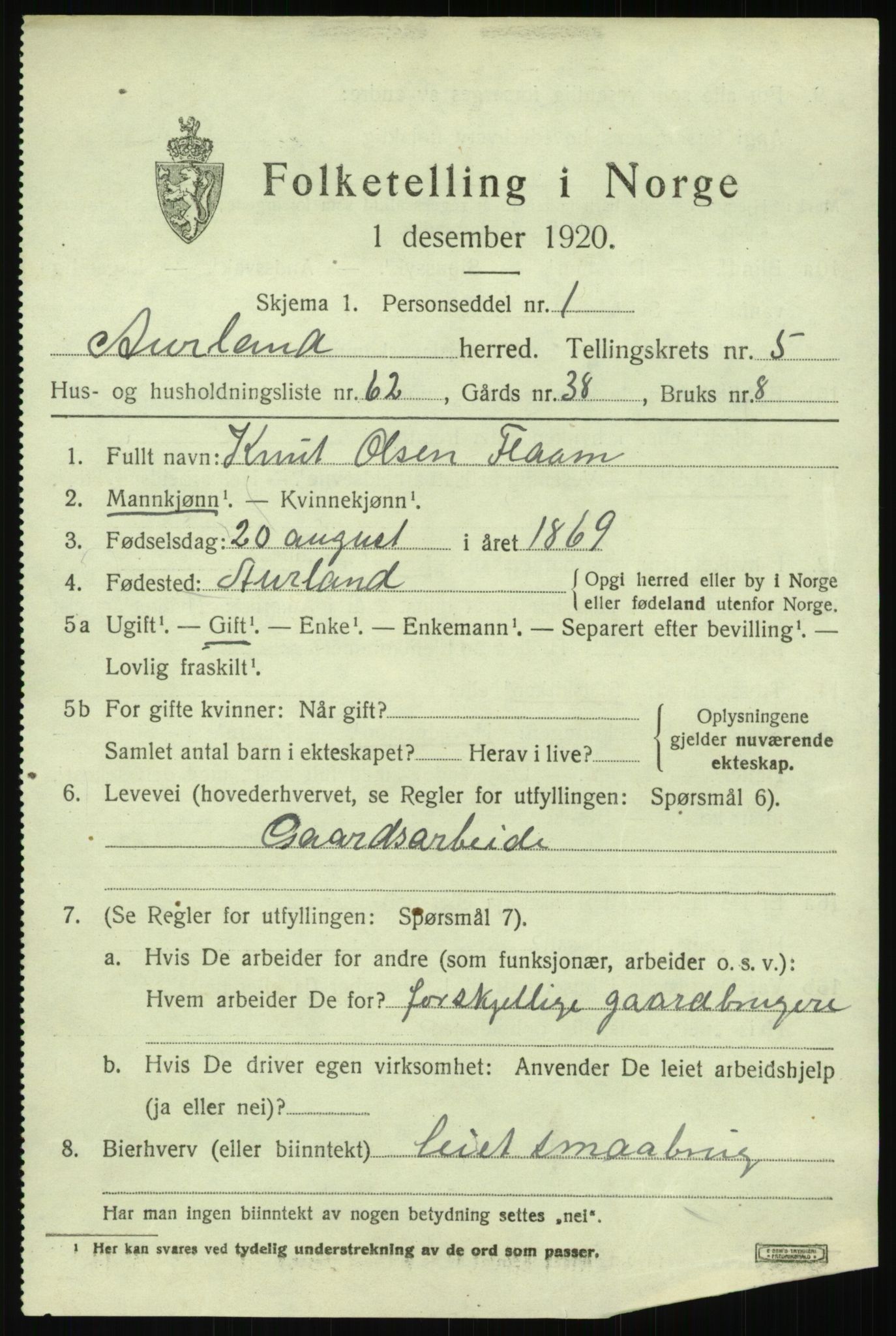 SAB, Folketelling 1920 for 1421 Aurland herred, 1920, s. 3860