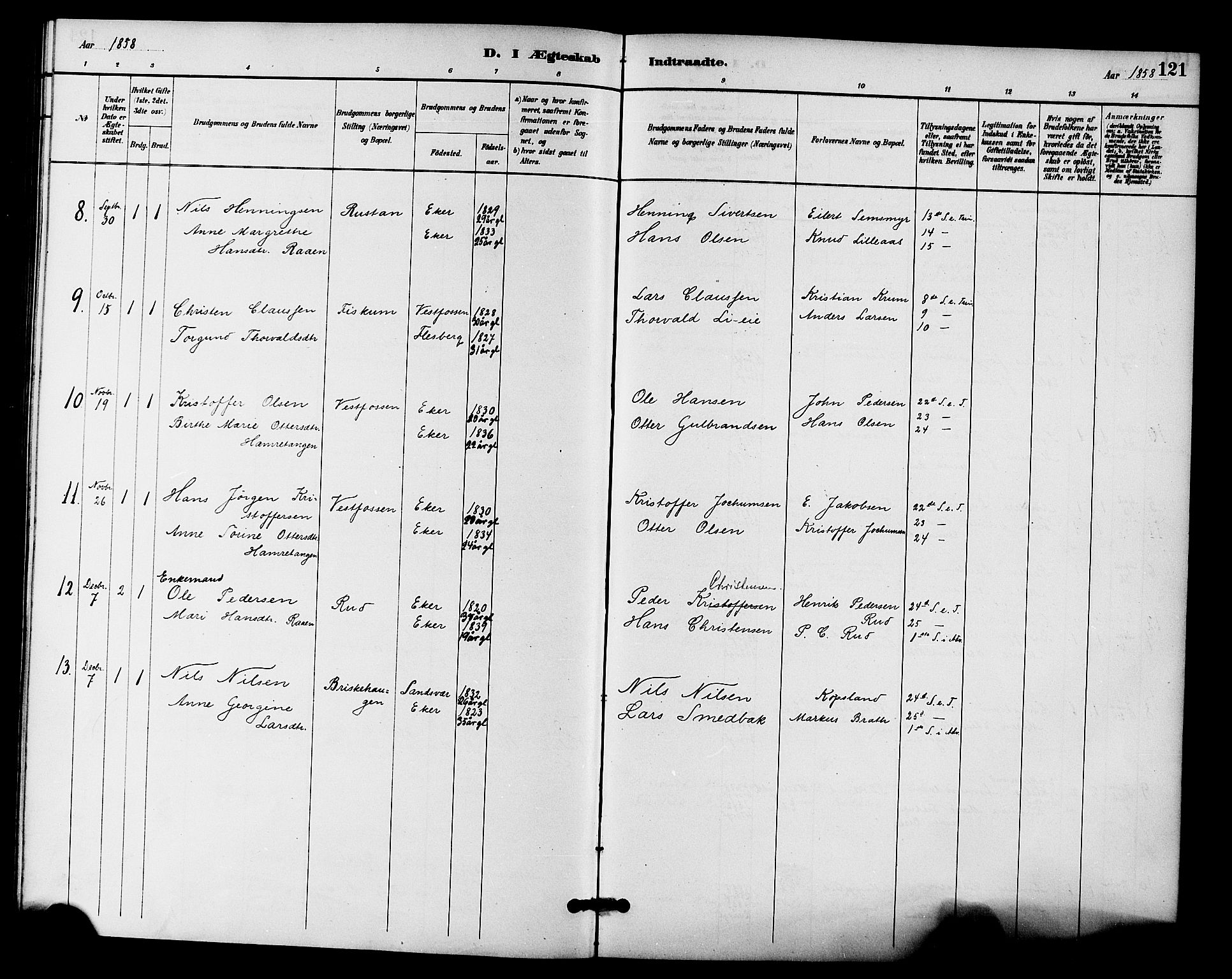 Fiskum kirkebøker, AV/SAKO-A-15/F/Fa/L0001: Ministerialbok nr. 1, 1858-1877, s. 121