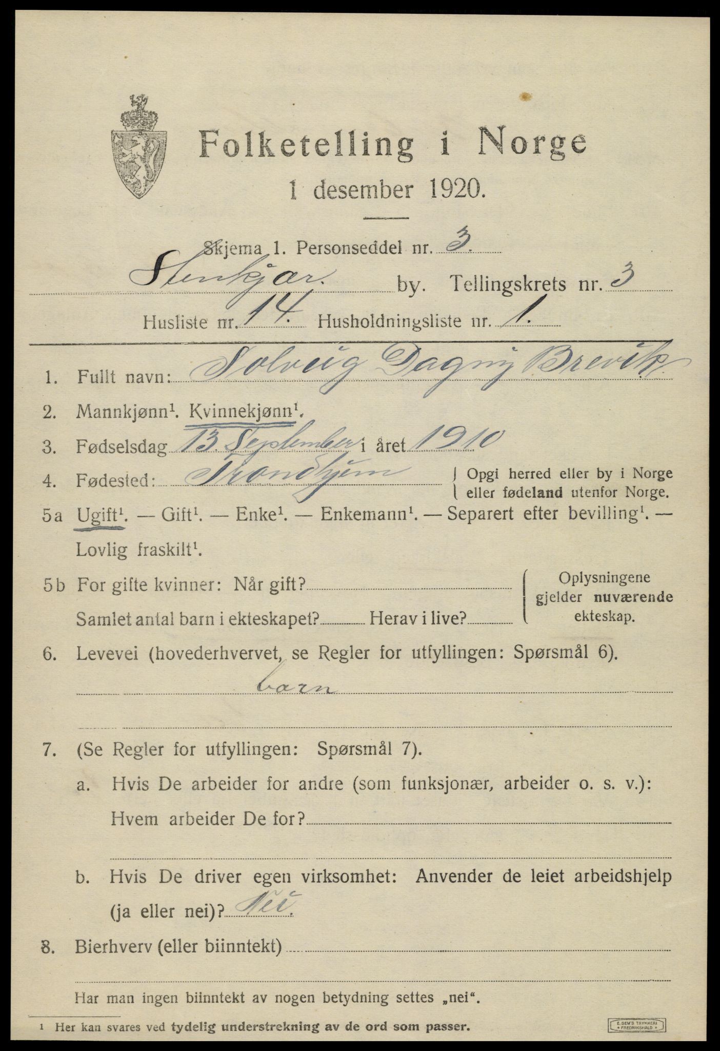 SAT, Folketelling 1920 for 1702 Steinkjer ladested, 1920, s. 6080