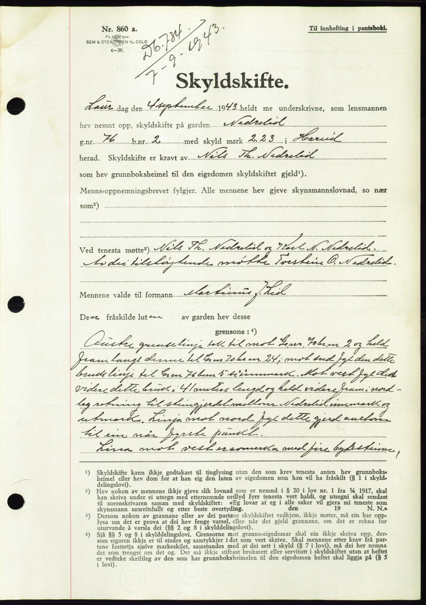 Søre Sunnmøre sorenskriveri, AV/SAT-A-4122/1/2/2C/L0075: Pantebok nr. 1A, 1943-1943, Dagboknr: 734/1943