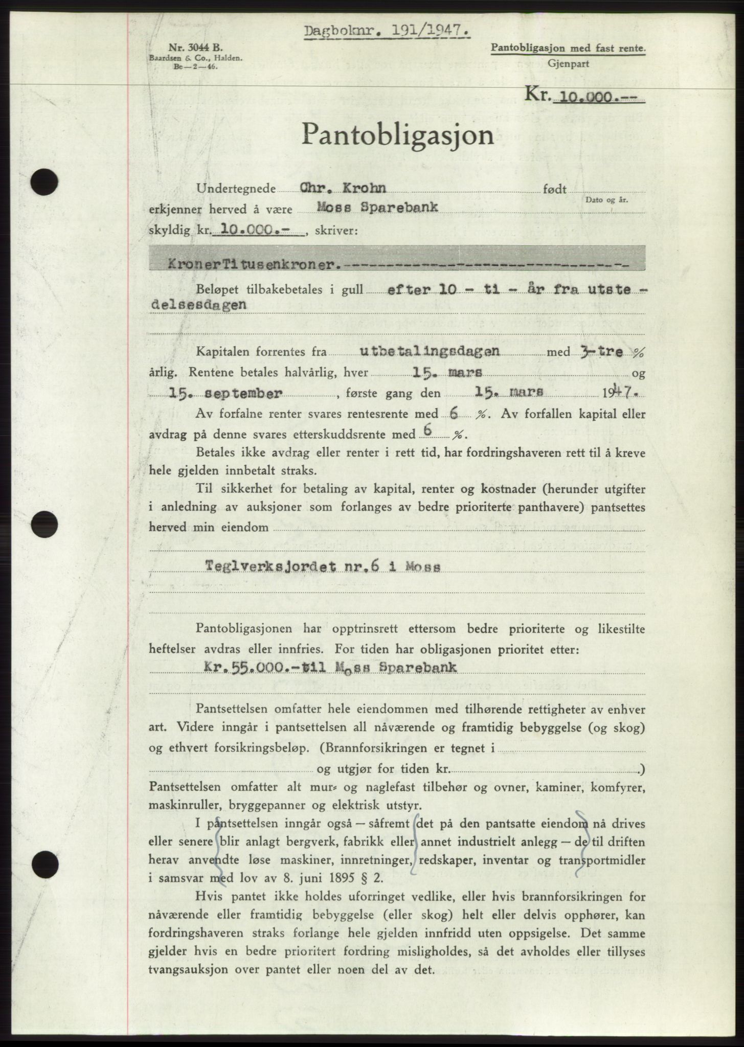 Moss sorenskriveri, SAO/A-10168: Pantebok nr. B16, 1946-1947, Dagboknr: 191/1947