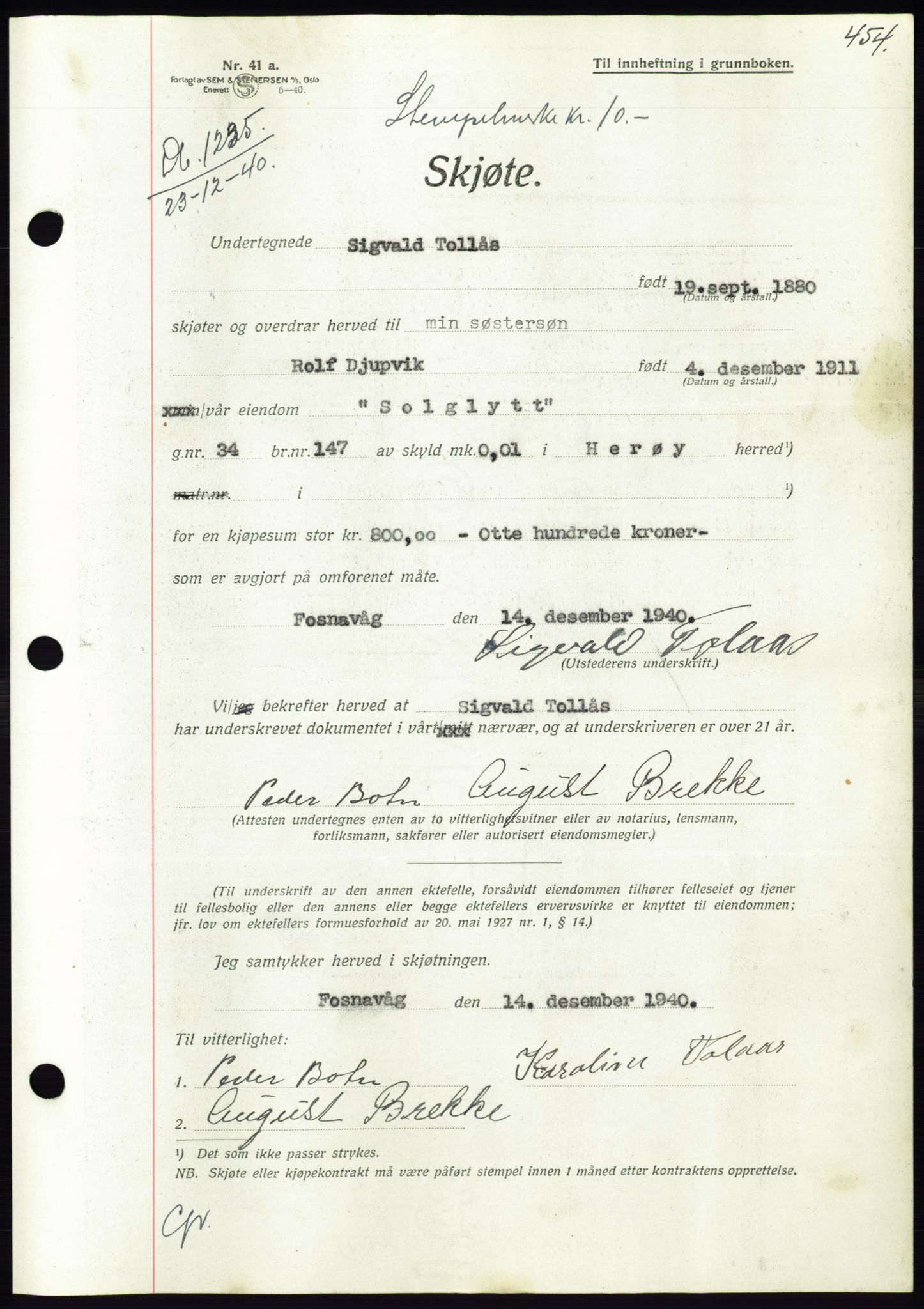 Søre Sunnmøre sorenskriveri, AV/SAT-A-4122/1/2/2C/L0070: Pantebok nr. 64, 1940-1941, Dagboknr: 1235/1940