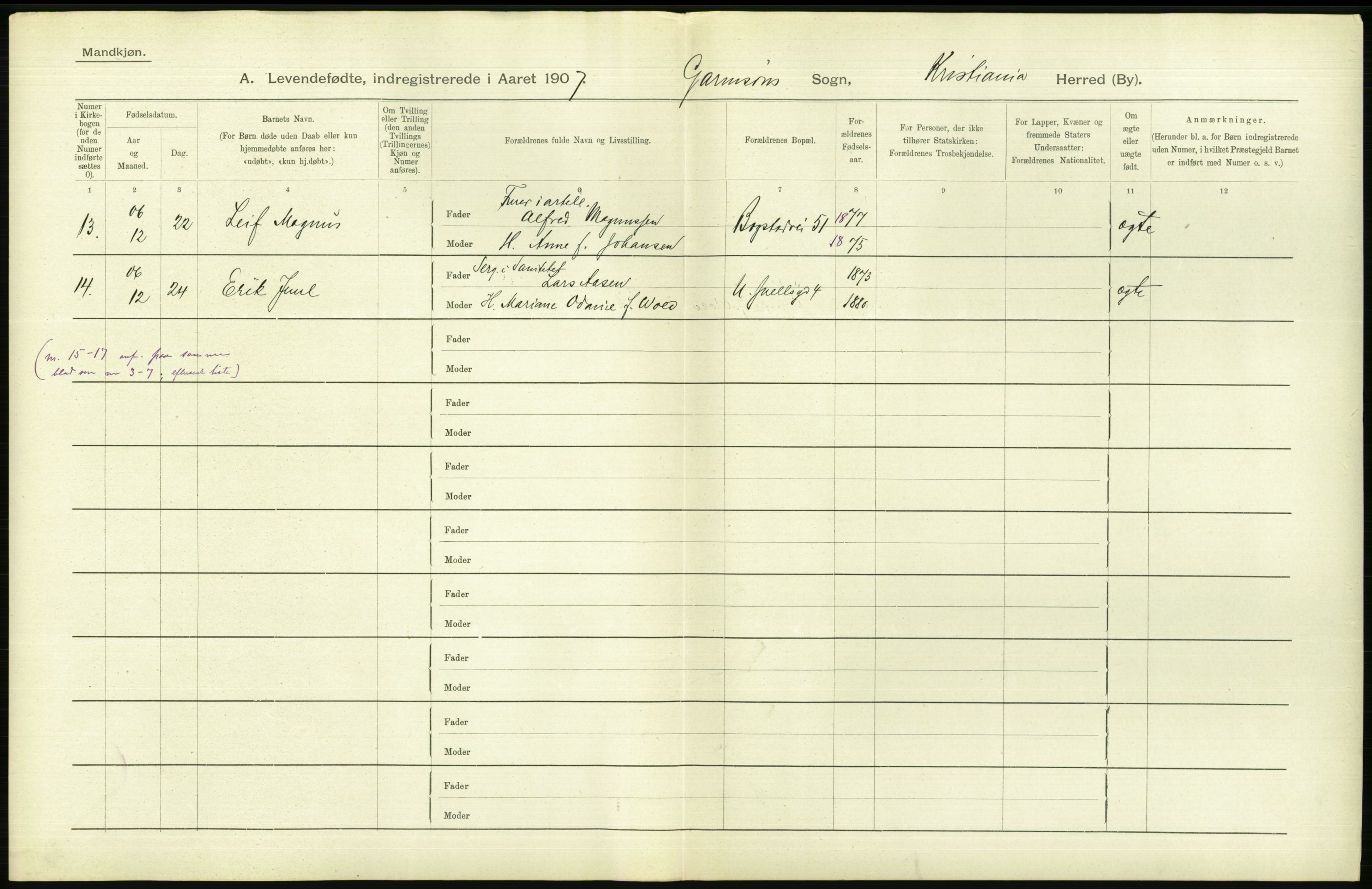 Statistisk sentralbyrå, Sosiodemografiske emner, Befolkning, AV/RA-S-2228/D/Df/Dfa/Dfae/L0007: Kristiania: Levendefødte menn og kvinner., 1907, s. 706