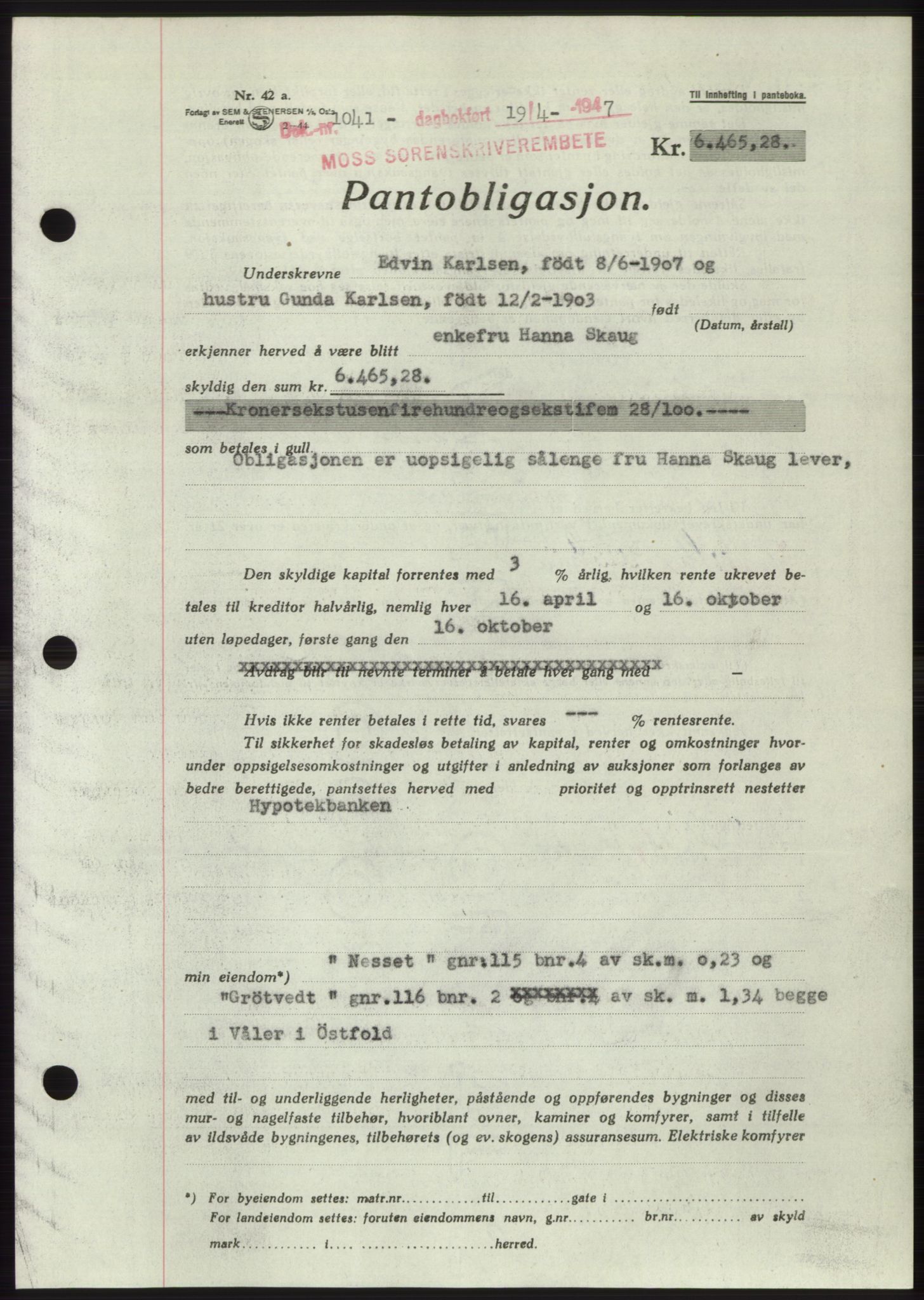 Moss sorenskriveri, SAO/A-10168: Pantebok nr. B17, 1947-1947, Dagboknr: 1041/1947