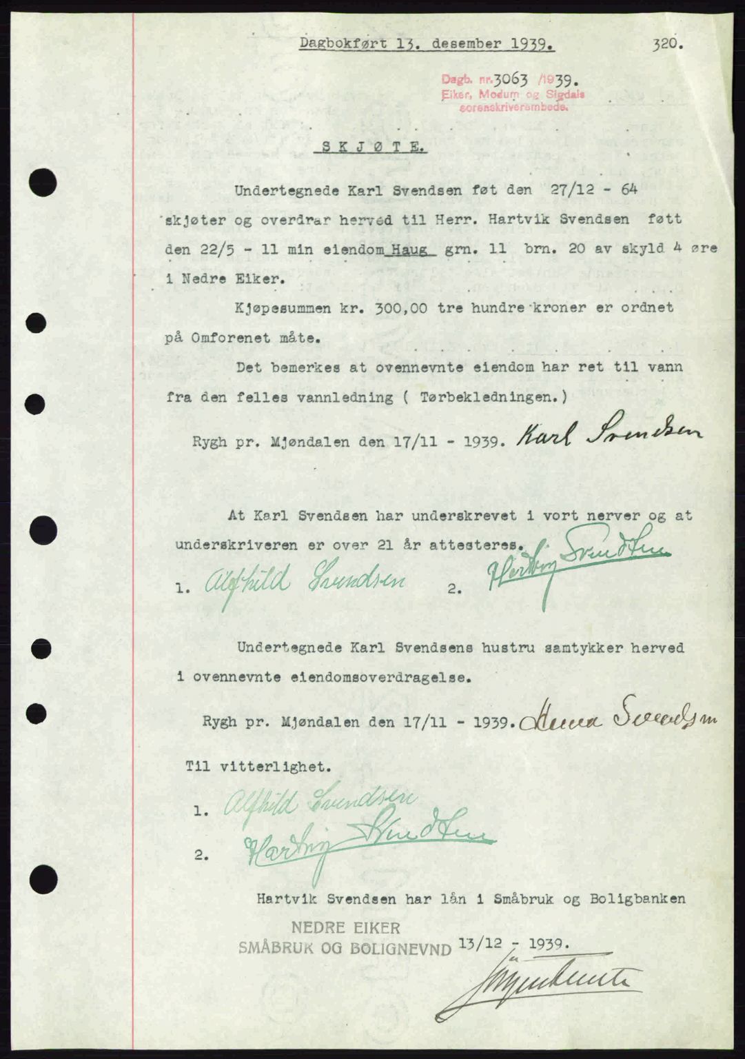 Eiker, Modum og Sigdal sorenskriveri, SAKO/A-123/G/Ga/Gab/L0041: Pantebok nr. A11, 1939-1940, Dagboknr: 3063/1939