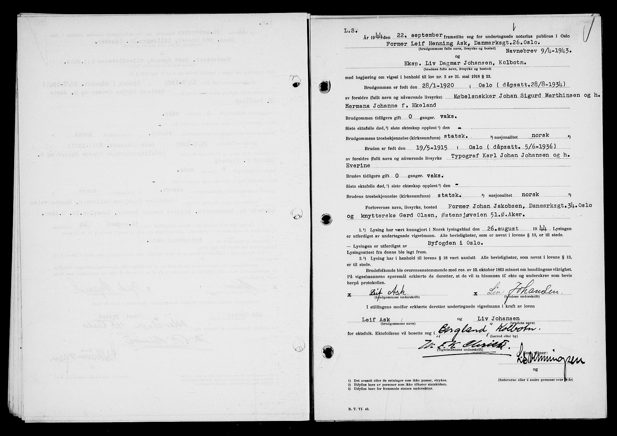 Oslo byfogd avd. I, AV/SAO-A-10220/L/Lb/Lbb/L0051: Notarialprotokoll, rekke II: Vigsler, 1944