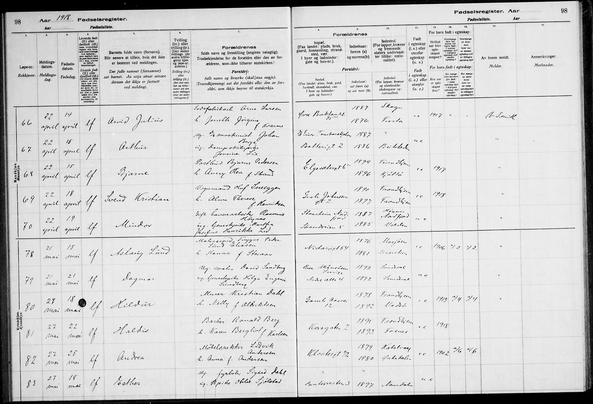 Ministerialprotokoller, klokkerbøker og fødselsregistre - Sør-Trøndelag, AV/SAT-A-1456/600/L0002: Fødselsregister nr. 600.II.4.1, 1916-1920, s. 98