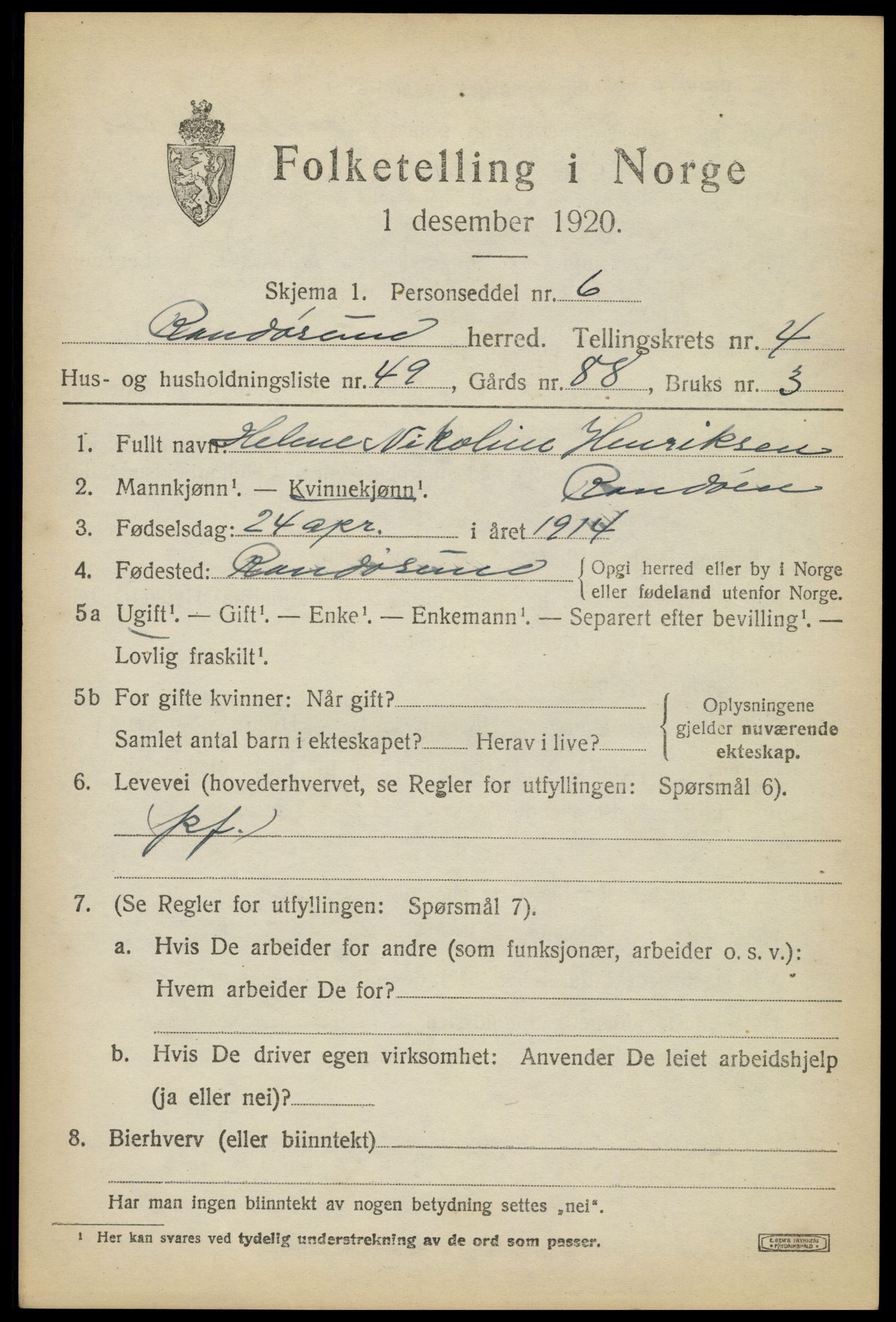 SAK, Folketelling 1920 for 1011 Randesund herred, 1920, s. 2296