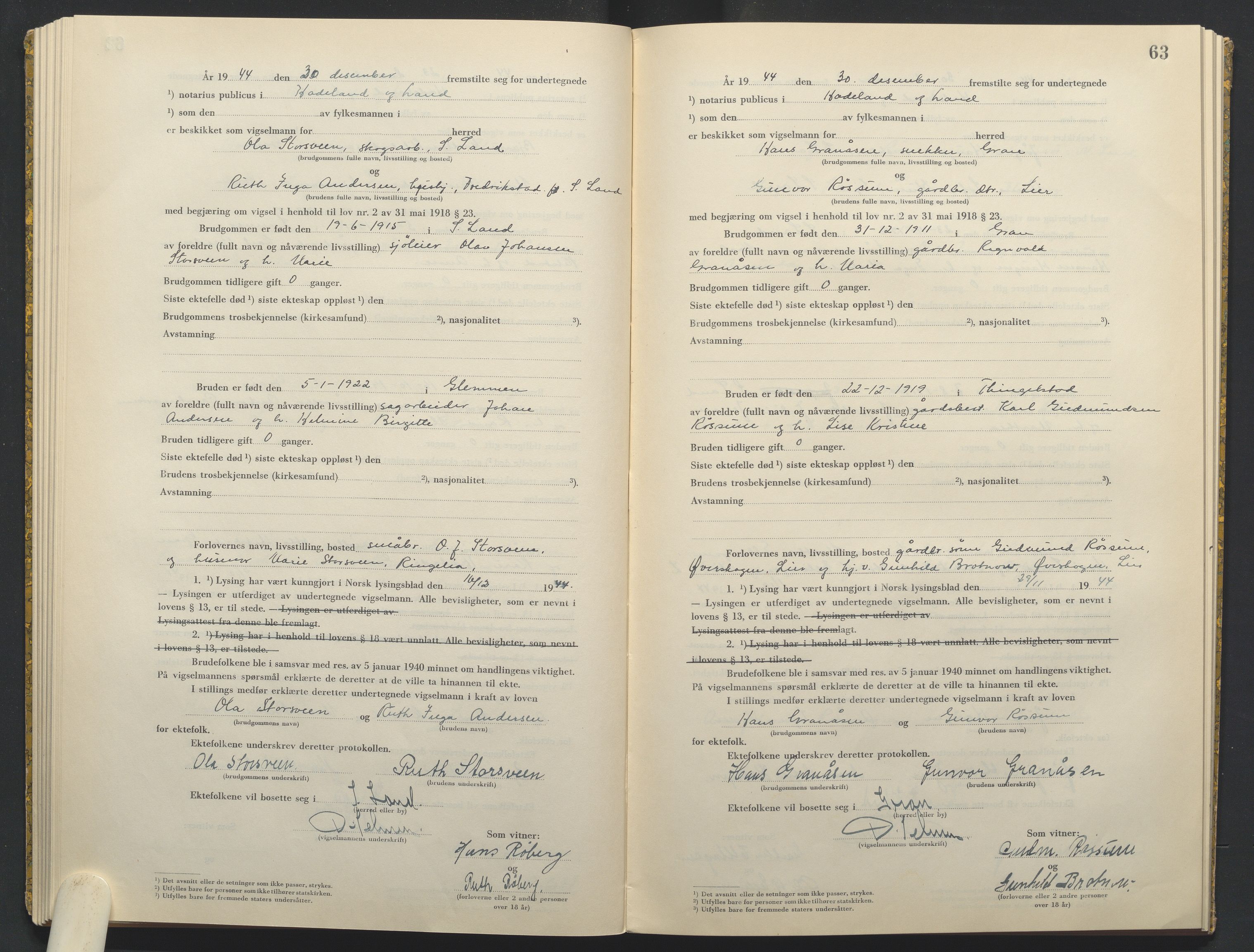 Hadeland og Land tingrett, AV/SAH-TING-010/L/Lb/L0003: Vigselbok, 1944-1946, s. 63