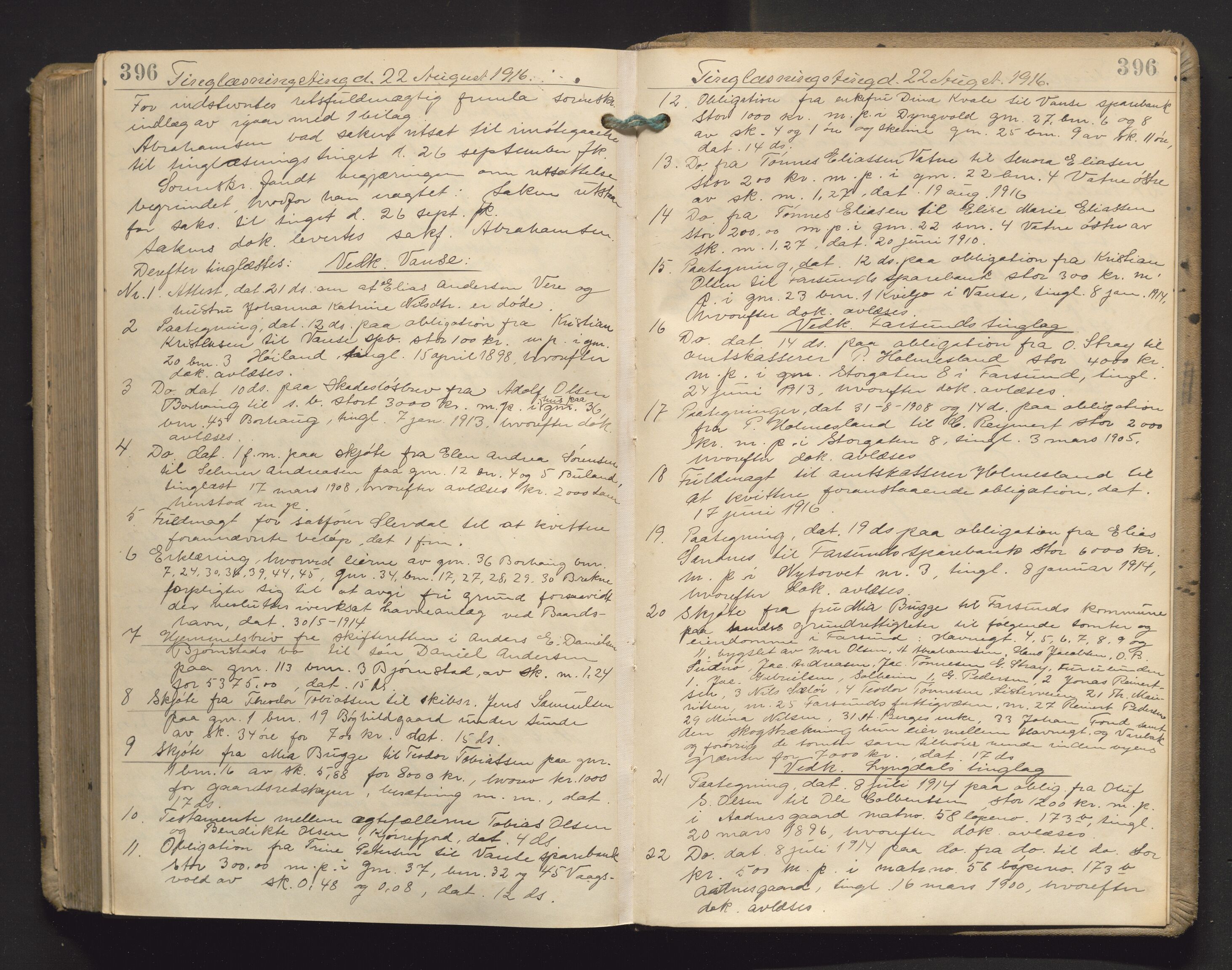 Lyngdal sorenskriveri, AV/SAK-1221-0004/F/Fa/L0059: Tingbok nr. 17, 1910-1916, s. 396