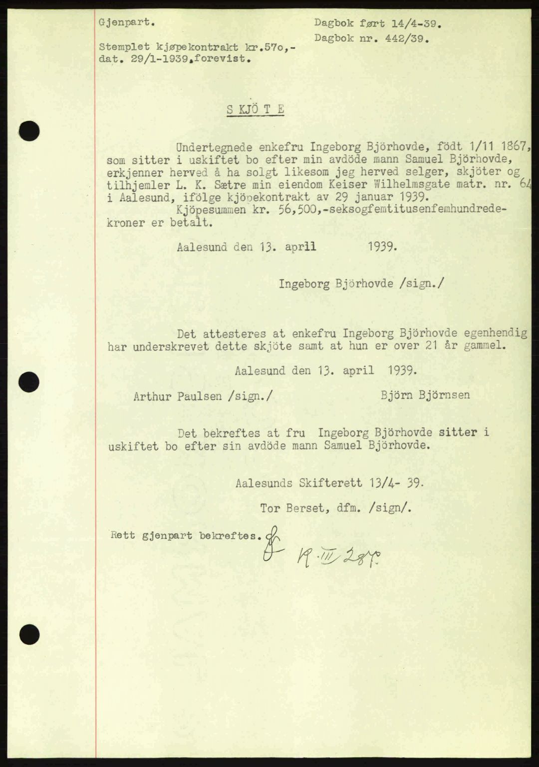 Ålesund byfogd, AV/SAT-A-4384: Pantebok nr. 34 II, 1938-1940, Dagboknr: 442/1939
