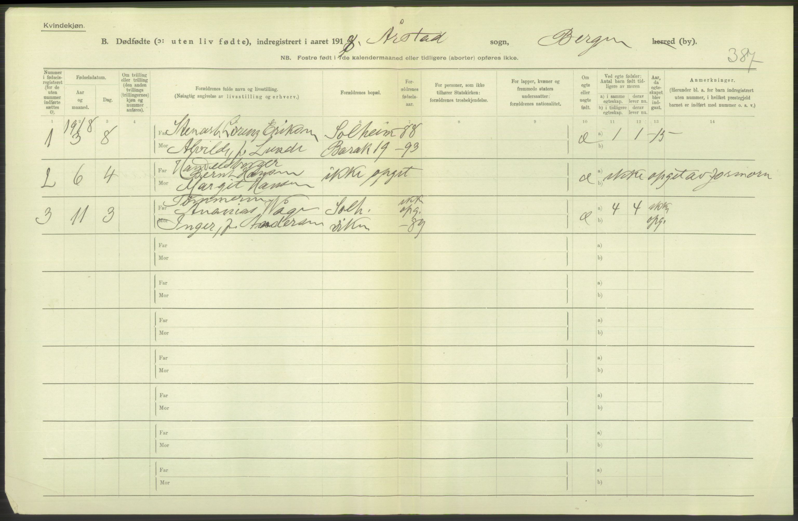 Statistisk sentralbyrå, Sosiodemografiske emner, Befolkning, AV/RA-S-2228/D/Df/Dfb/Dfbh/L0038: Bergen: Gifte, dødfødte., 1918, s. 324