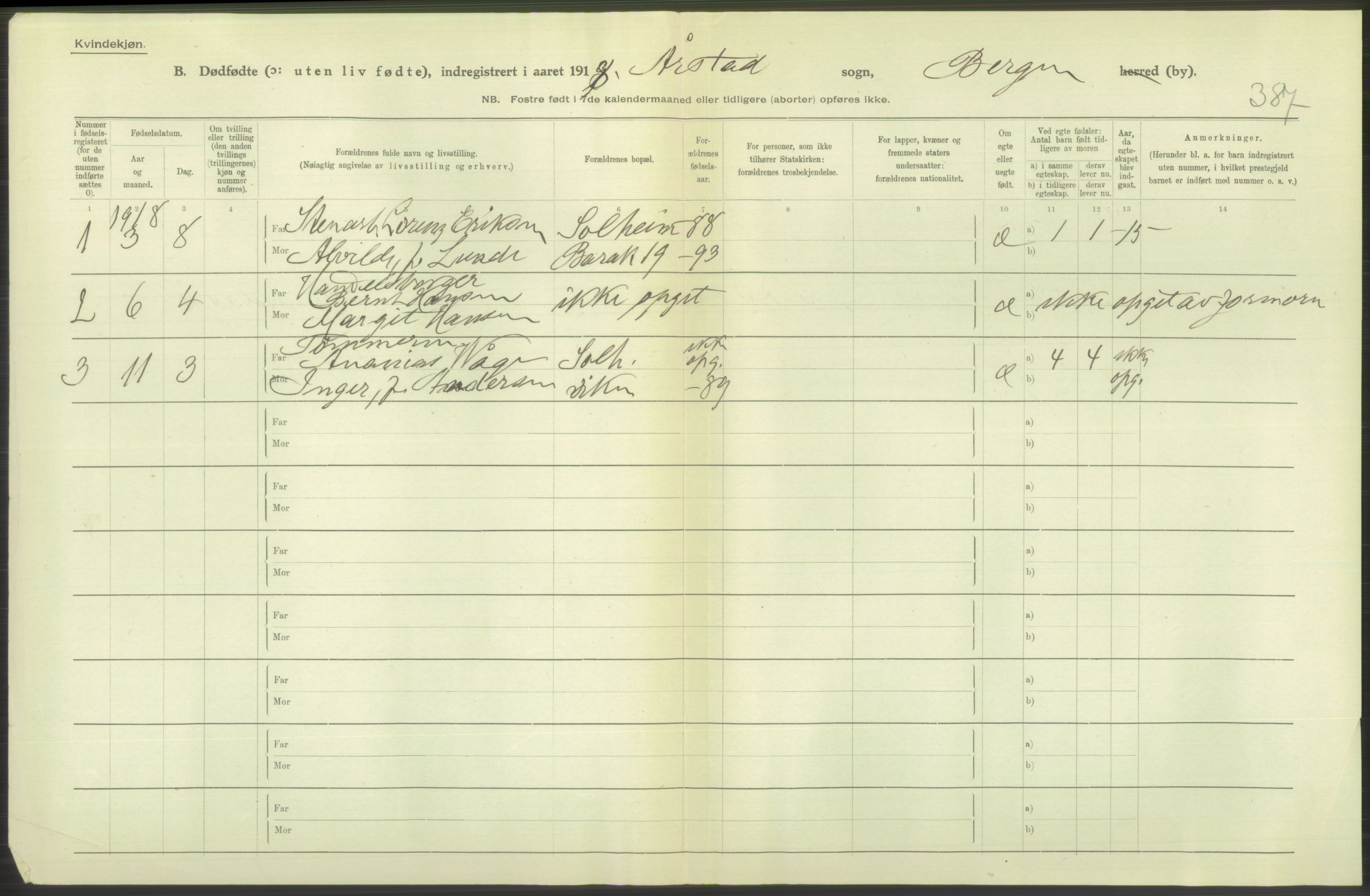 Statistisk sentralbyrå, Sosiodemografiske emner, Befolkning, RA/S-2228/D/Df/Dfb/Dfbh/L0038: Bergen: Gifte, dødfødte., 1918, s. 324