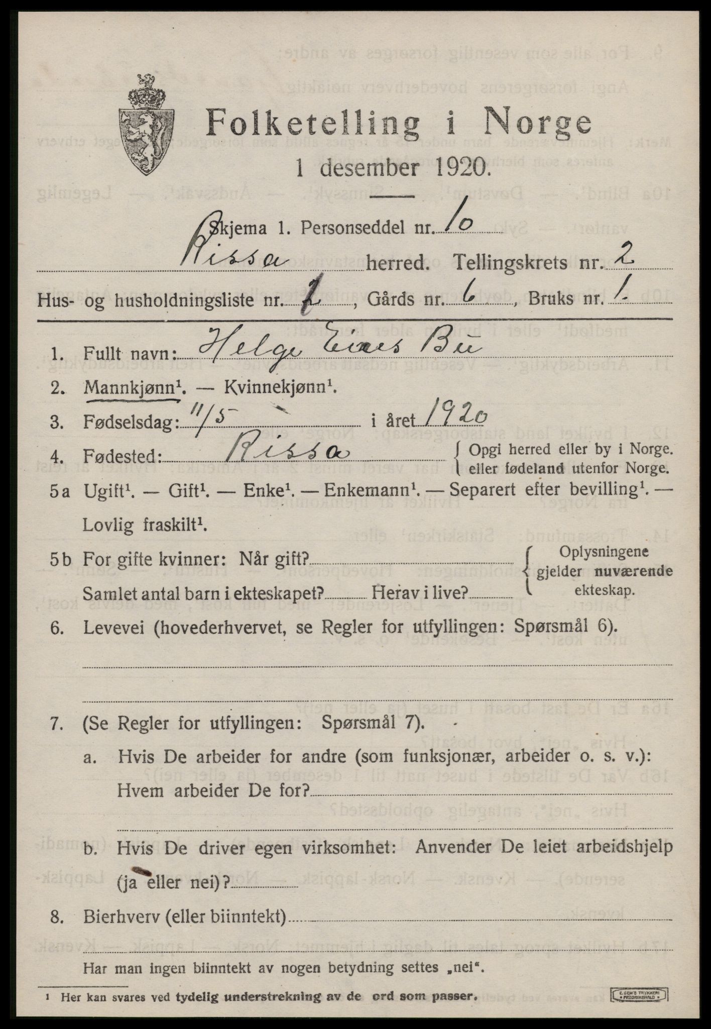 SAT, Folketelling 1920 for 1624 Rissa herred, 1920, s. 1629