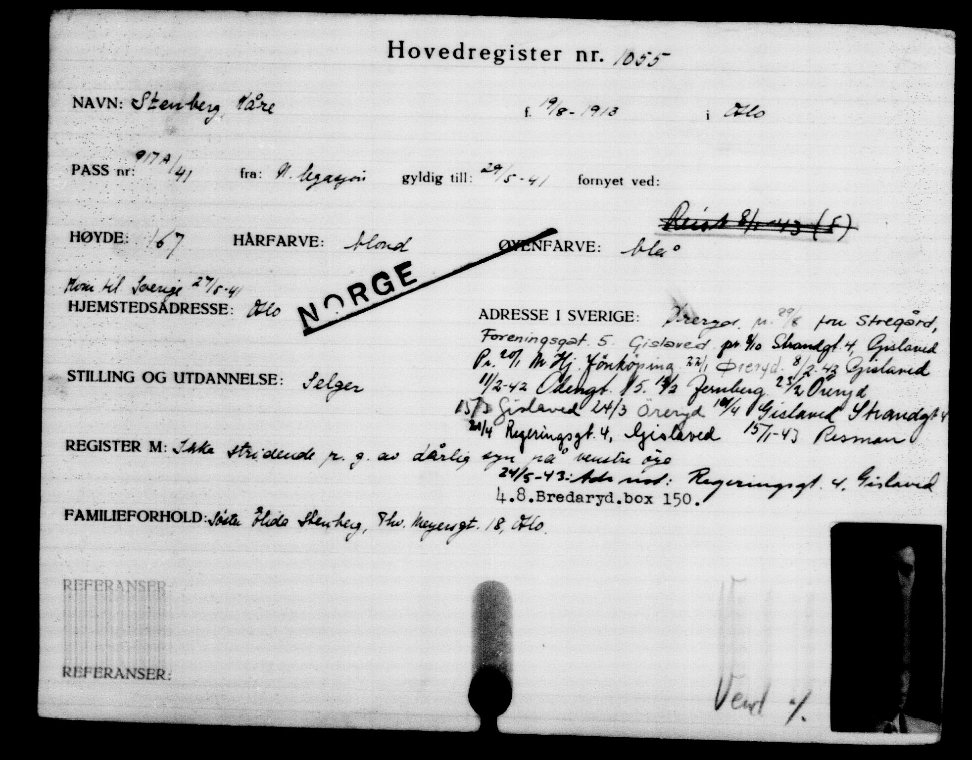 Utenriksstasjonene, Legasjonen i Stockholm, Flyktningkontoret, AV/RA-S-6753/V/Va/L0002: Kjesäterkartoteket, flyktninger med registreringsnr. 1001-2000, 1940-1945, s. 90