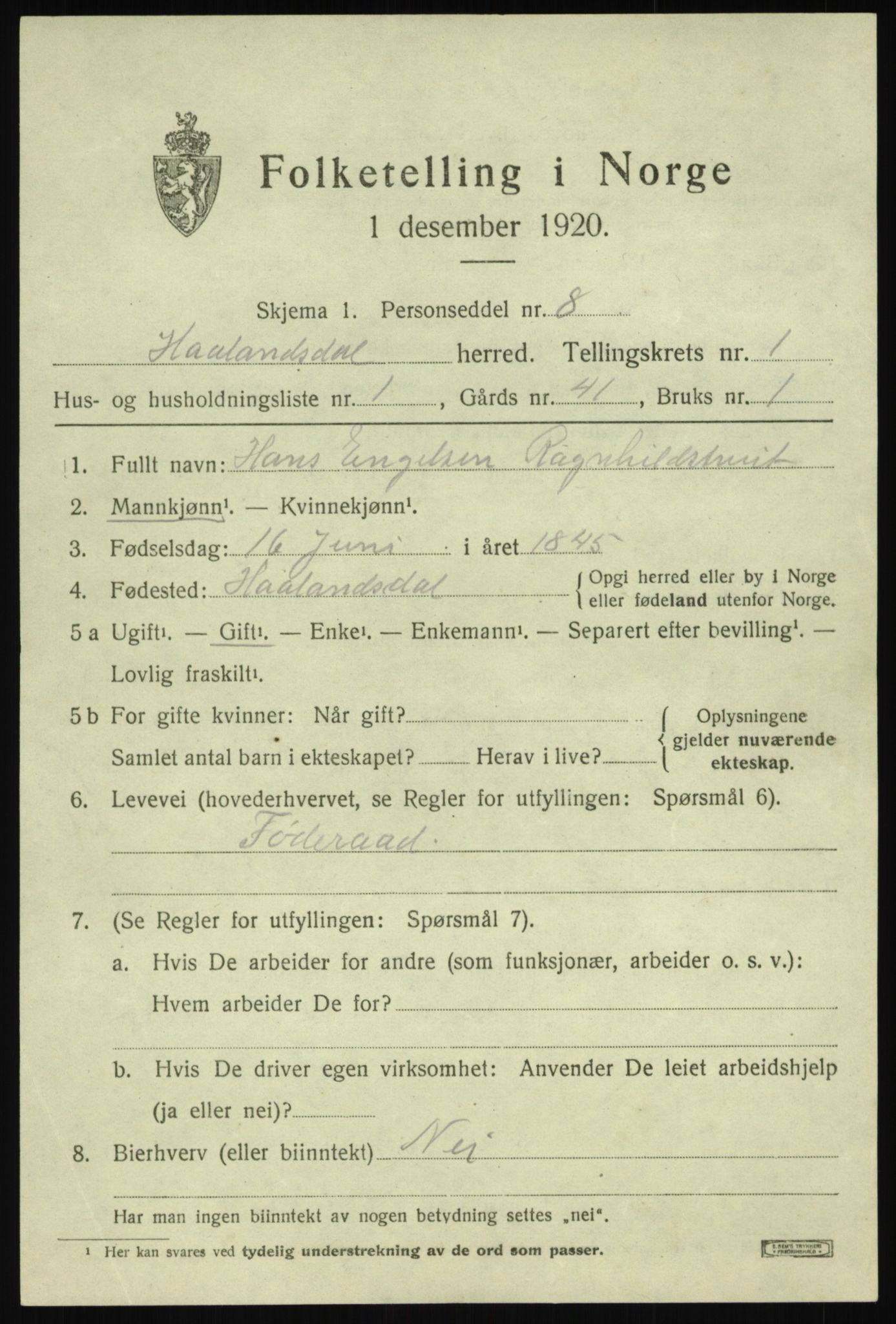 SAB, Folketelling 1920 for 1239 Hålandsdal herred, 1920, s. 254