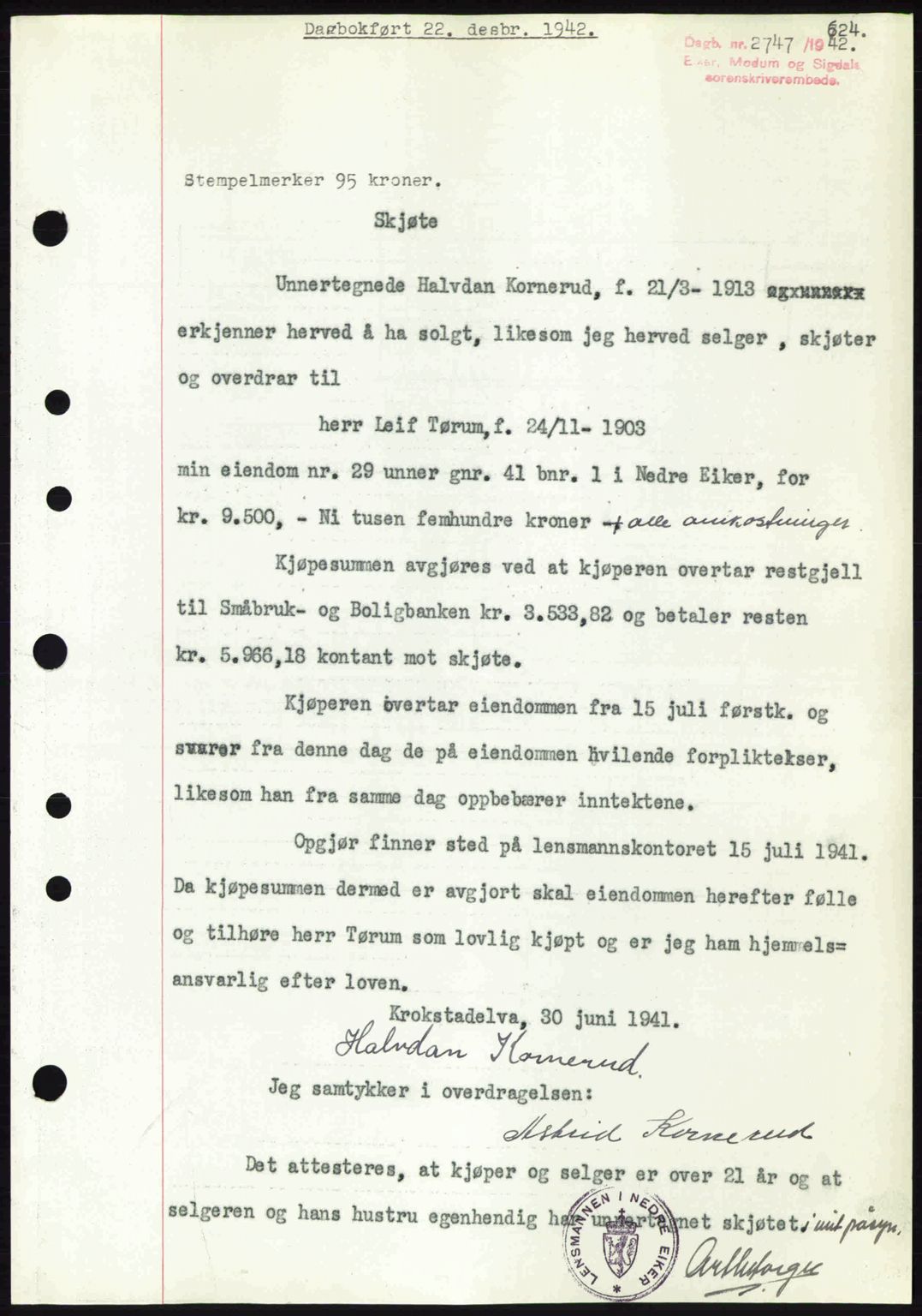 Eiker, Modum og Sigdal sorenskriveri, SAKO/A-123/G/Ga/Gab/L0047: Pantebok nr. A17, 1942-1943, Dagboknr: 2747/1942