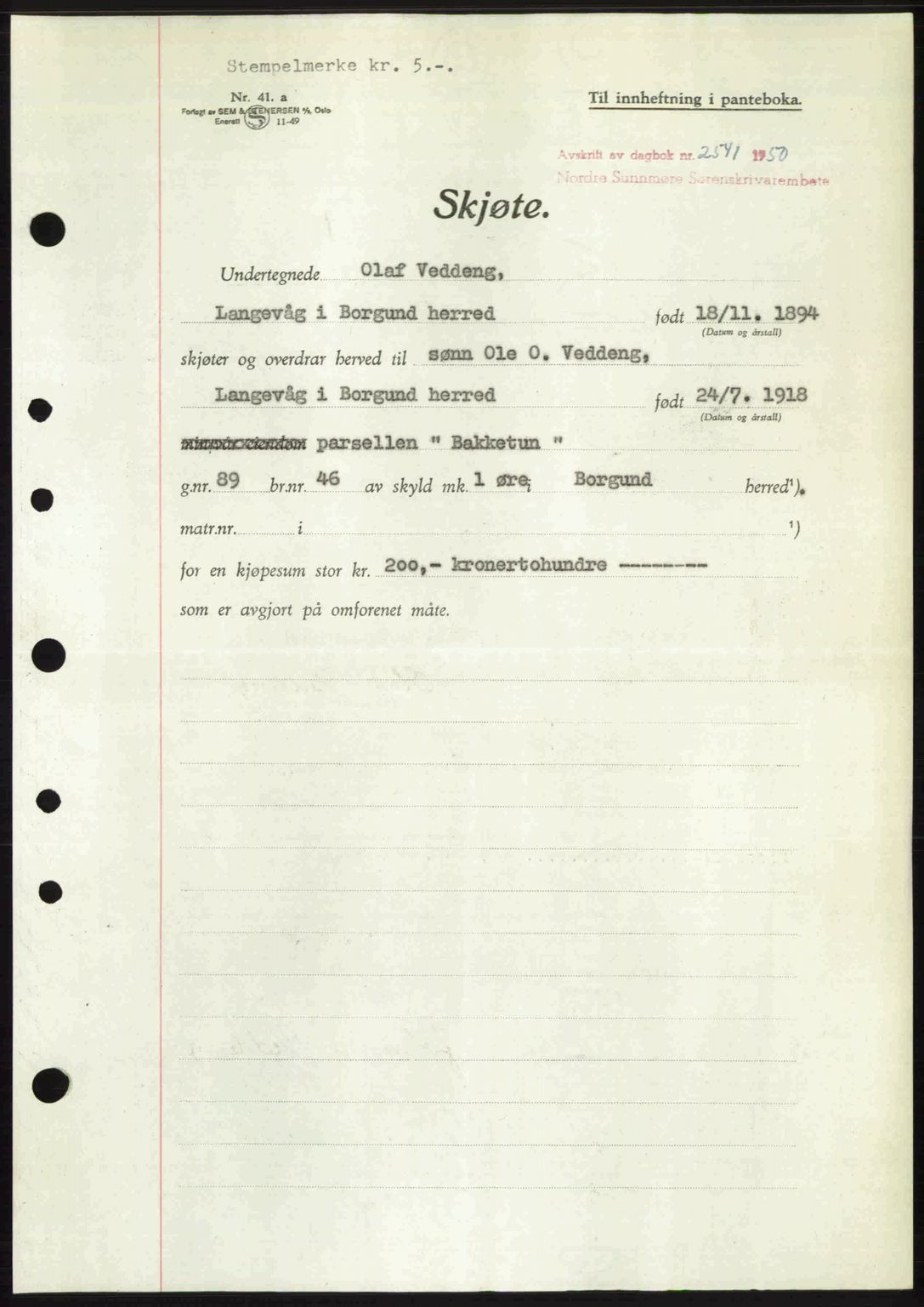 Nordre Sunnmøre sorenskriveri, AV/SAT-A-0006/1/2/2C/2Ca: Pantebok nr. A36, 1950-1950, Dagboknr: 2541/1950