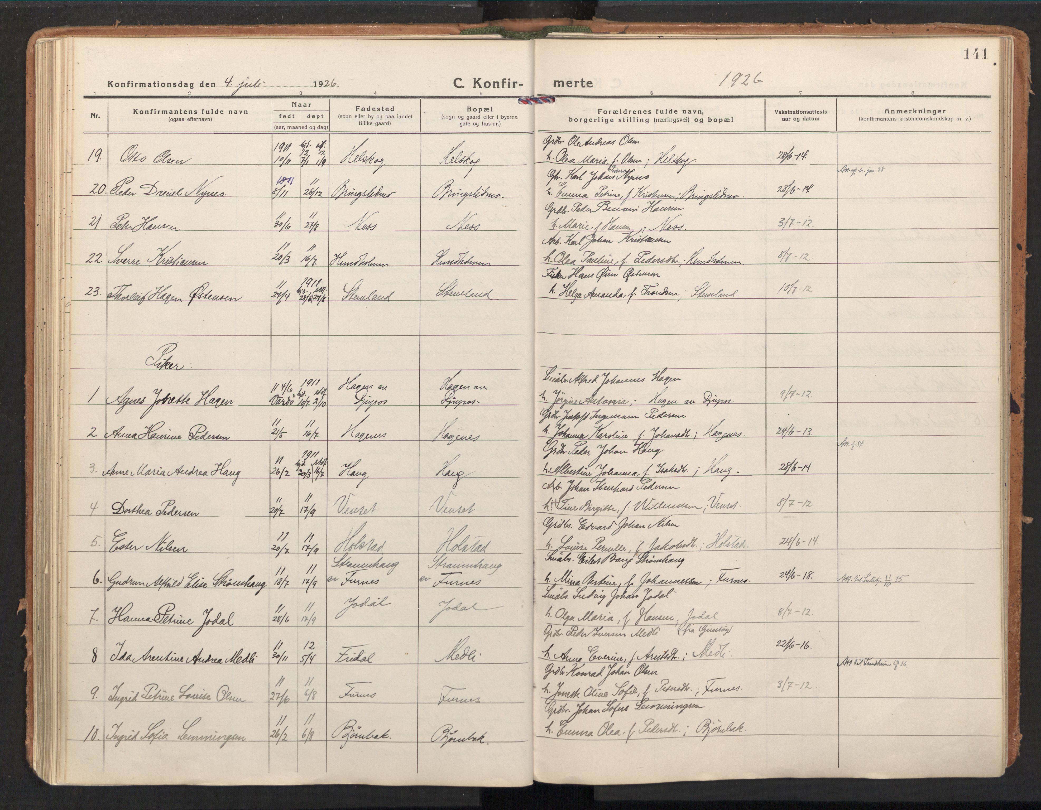 Ministerialprotokoller, klokkerbøker og fødselsregistre - Nordland, AV/SAT-A-1459/851/L0725: Ministerialbok nr. 851A02, 1922-1944, s. 141