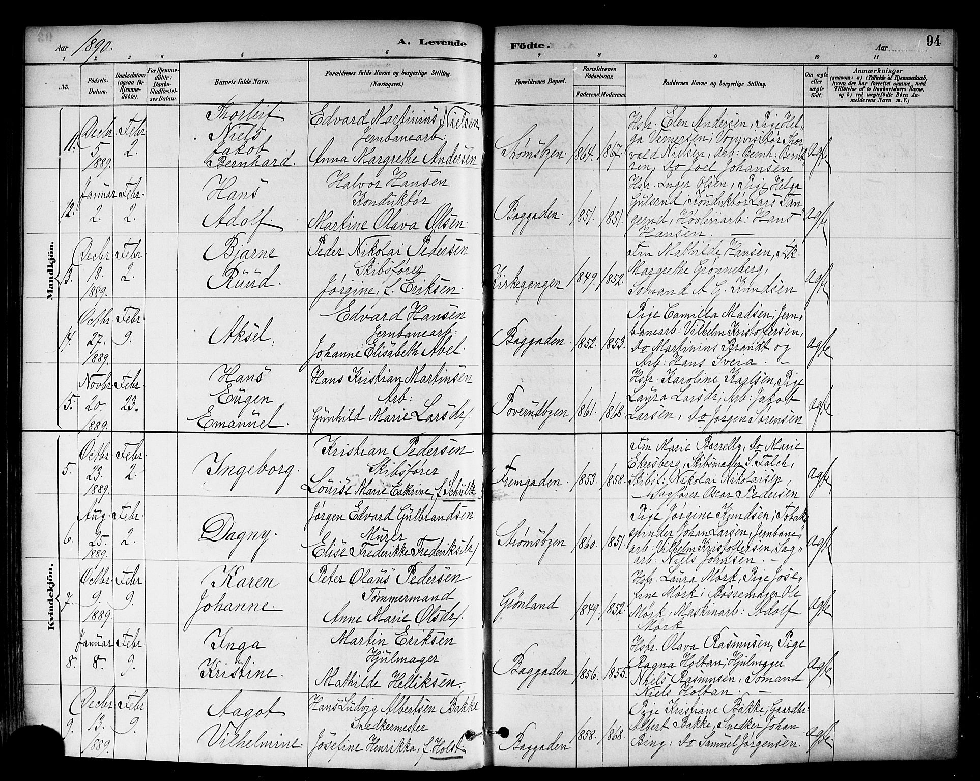 Strømsø kirkebøker, AV/SAKO-A-246/F/Fa/L0023: Ministerialbok nr. I 23, 1885-1894, s. 94