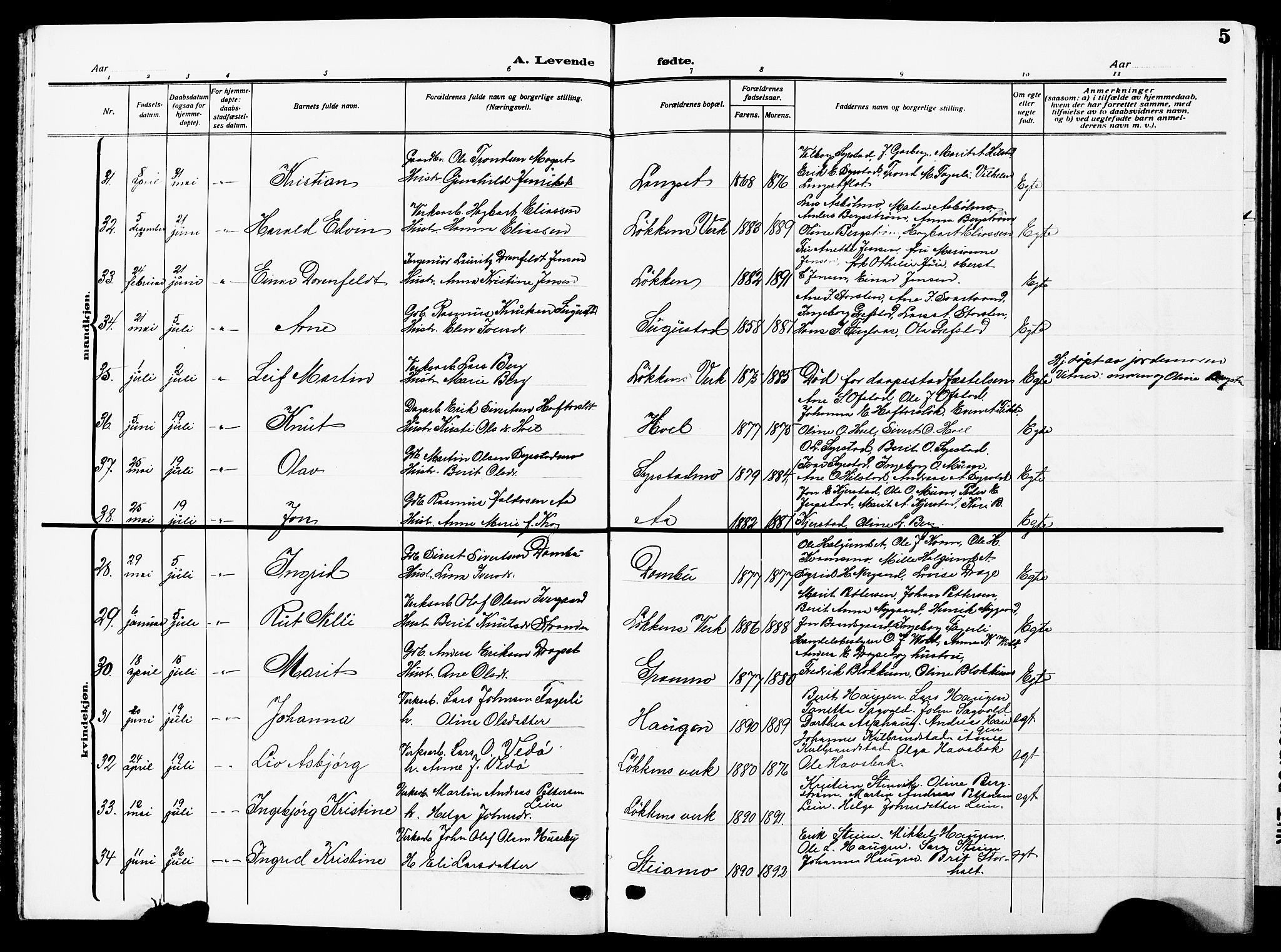 Ministerialprotokoller, klokkerbøker og fødselsregistre - Sør-Trøndelag, SAT/A-1456/672/L0865: Klokkerbok nr. 672C04, 1914-1928, s. 5