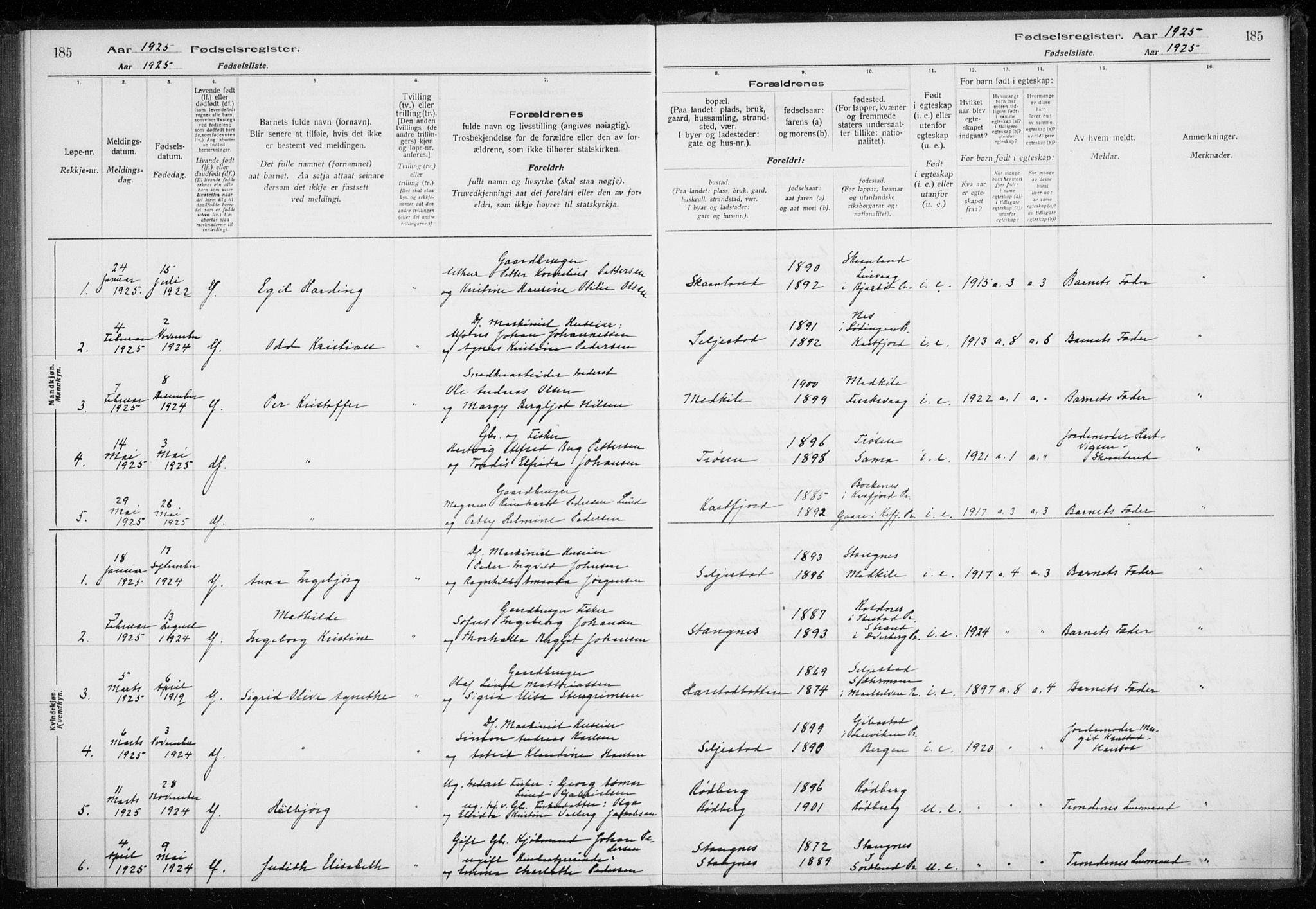 Trondenes sokneprestkontor, AV/SATØ-S-1319/I/Ia/L0089: Fødselsregister nr. 89, 1916-1925, s. 185