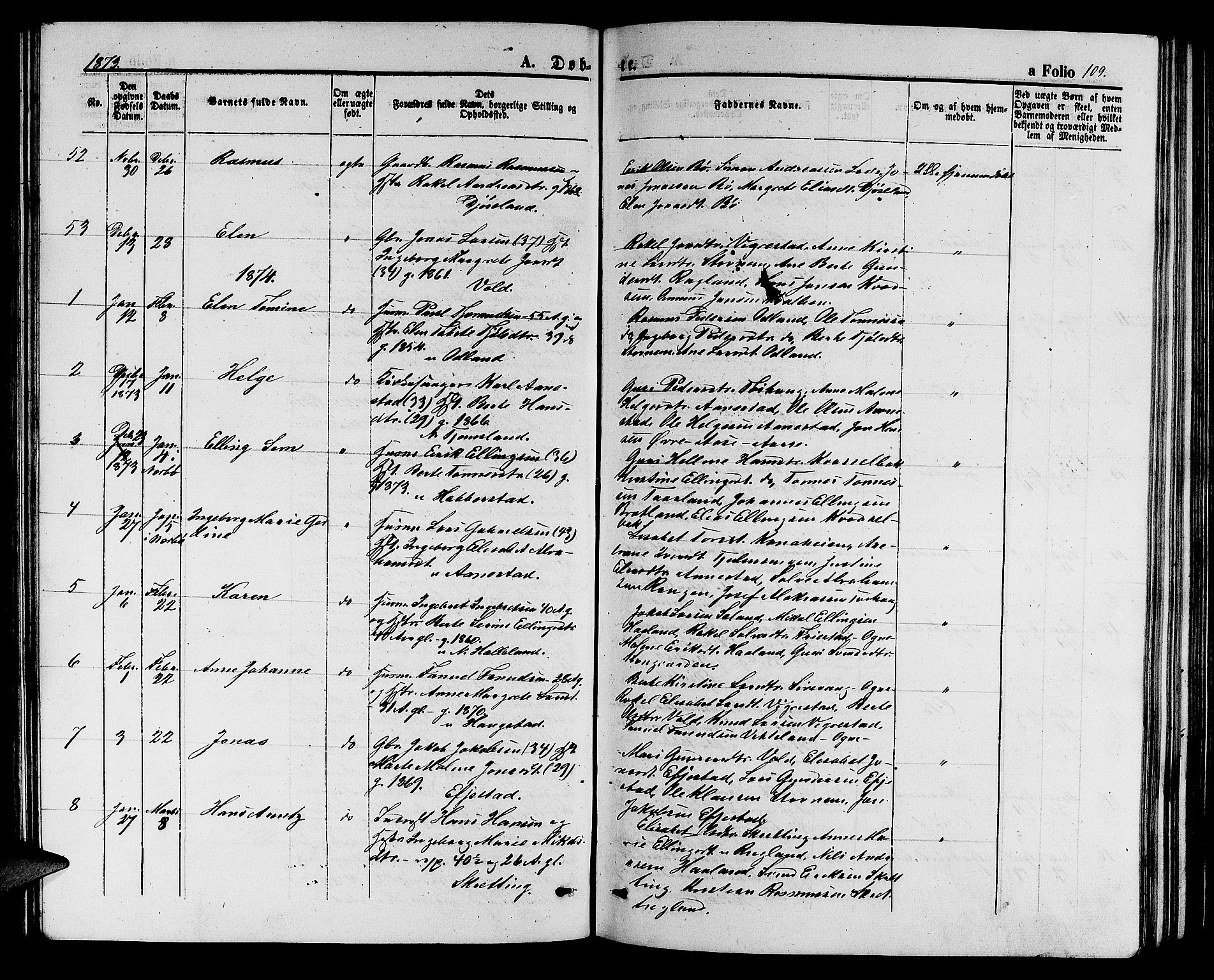 Hå sokneprestkontor, AV/SAST-A-101801/001/30BB/L0002: Klokkerbok nr. B 2, 1854-1883, s. 109