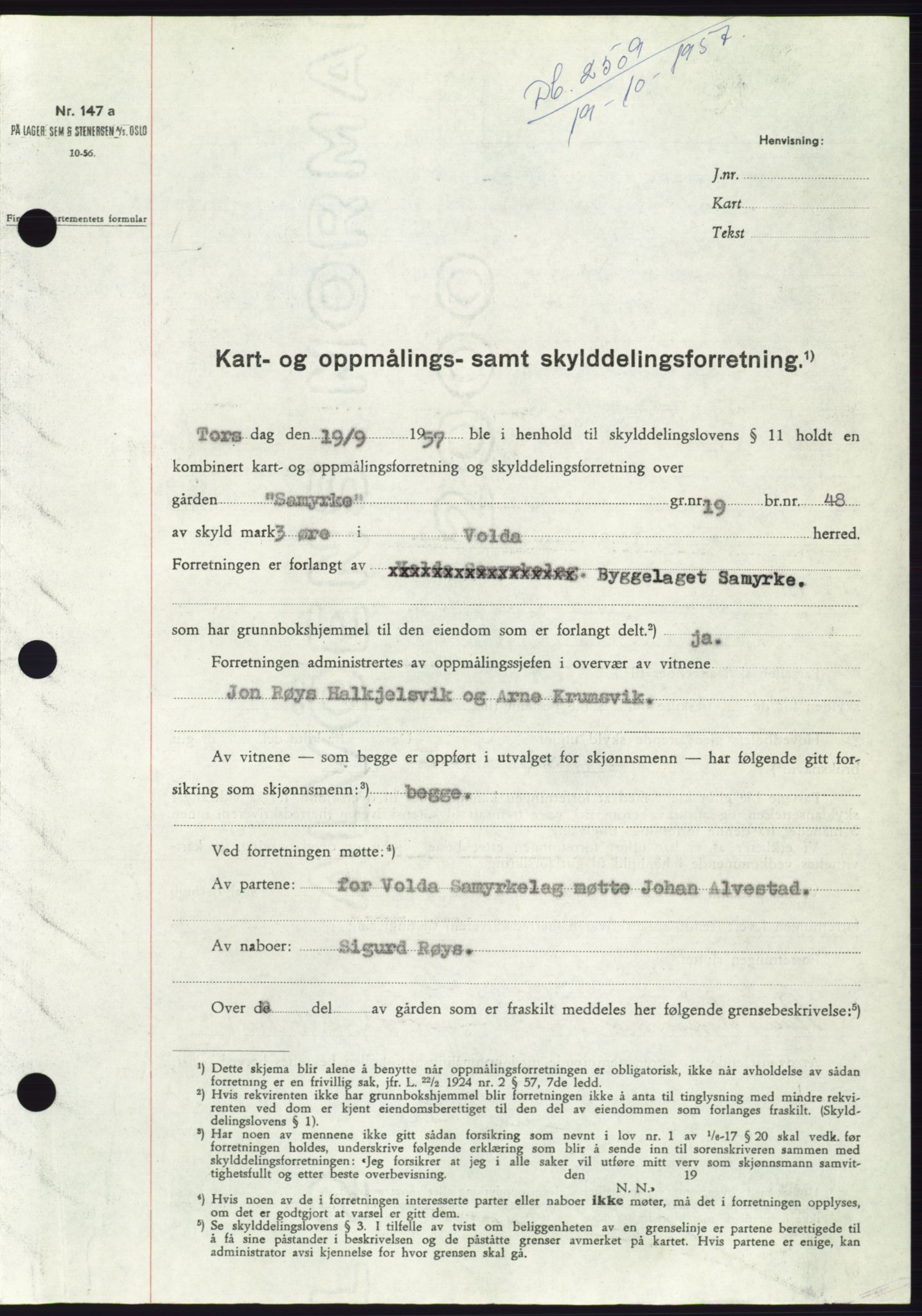 Søre Sunnmøre sorenskriveri, SAT/A-4122/1/2/2C/L0107: Pantebok nr. 33A, 1957-1957, Dagboknr: 2509/1957