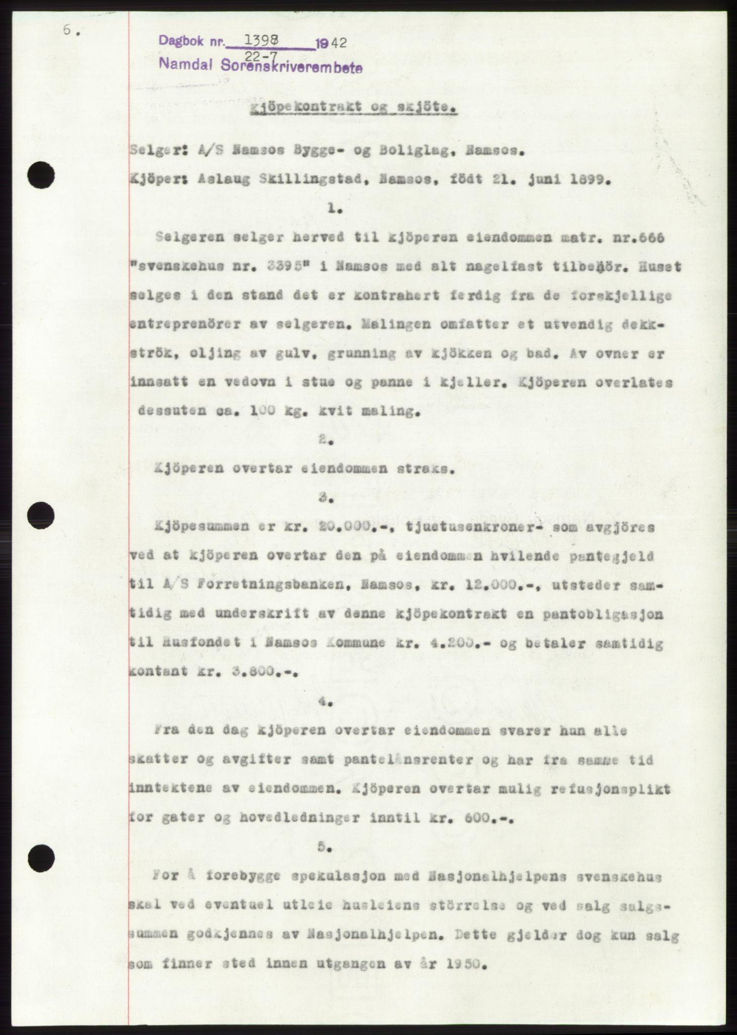 Namdal sorenskriveri, SAT/A-4133/1/2/2C: Pantebok nr. -, 1942-1943, Dagboknr: 1397/1942
