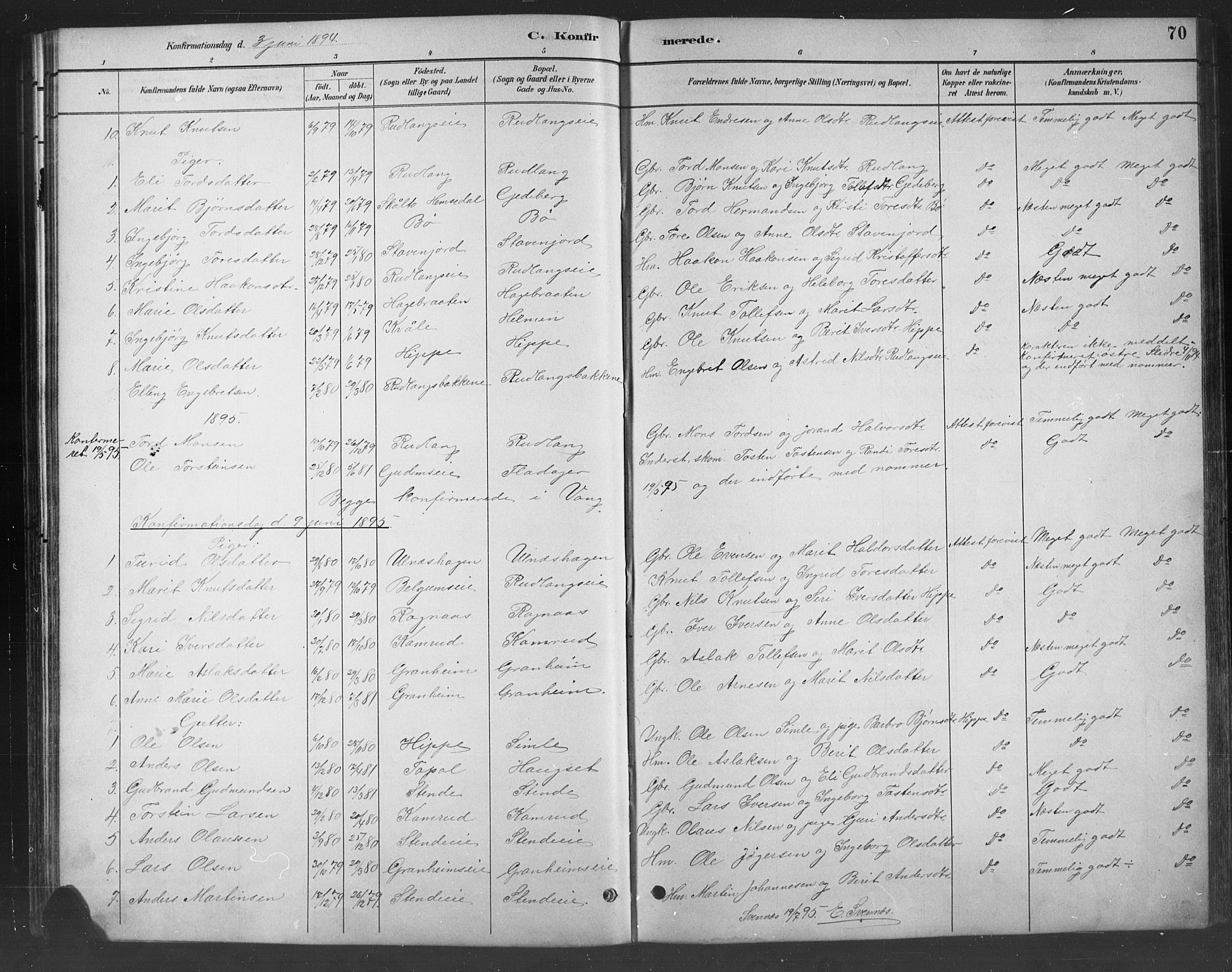 Nord-Aurdal prestekontor, AV/SAH-PREST-132/H/Ha/Hab/L0008: Klokkerbok nr. 8, 1883-1916, s. 70