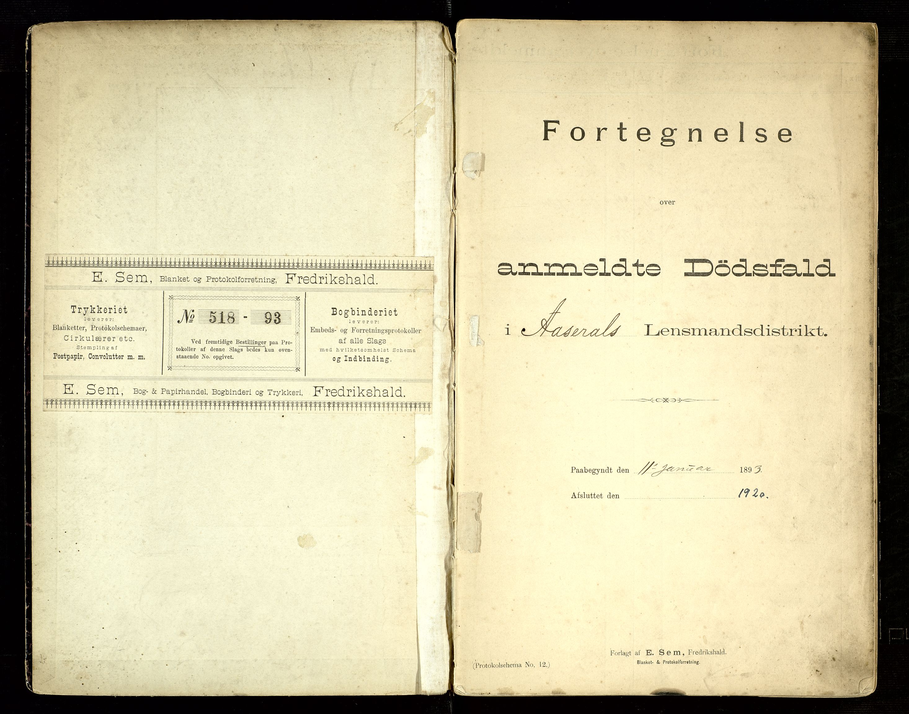 Åseral lensmannskontor, AV/SAK-1241-0055/F/Fe/L0001/0001: Dødsfallsprotokoller / Dødsfallsprotokoll, 1893-1920