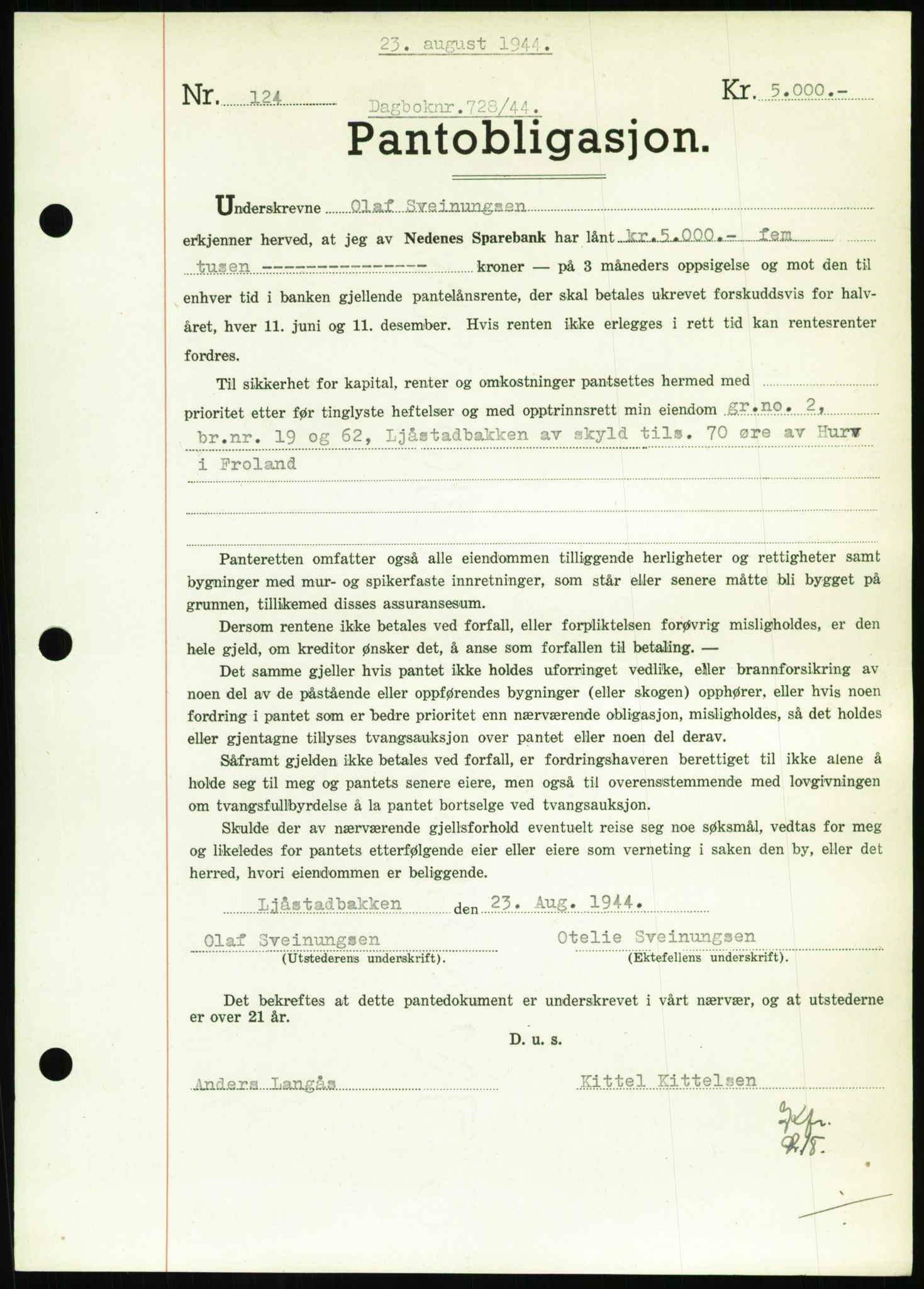 Nedenes sorenskriveri, SAK/1221-0006/G/Gb/Gbb/L0002: Pantebok nr. II, 1942-1945, Dagboknr: 728/1944