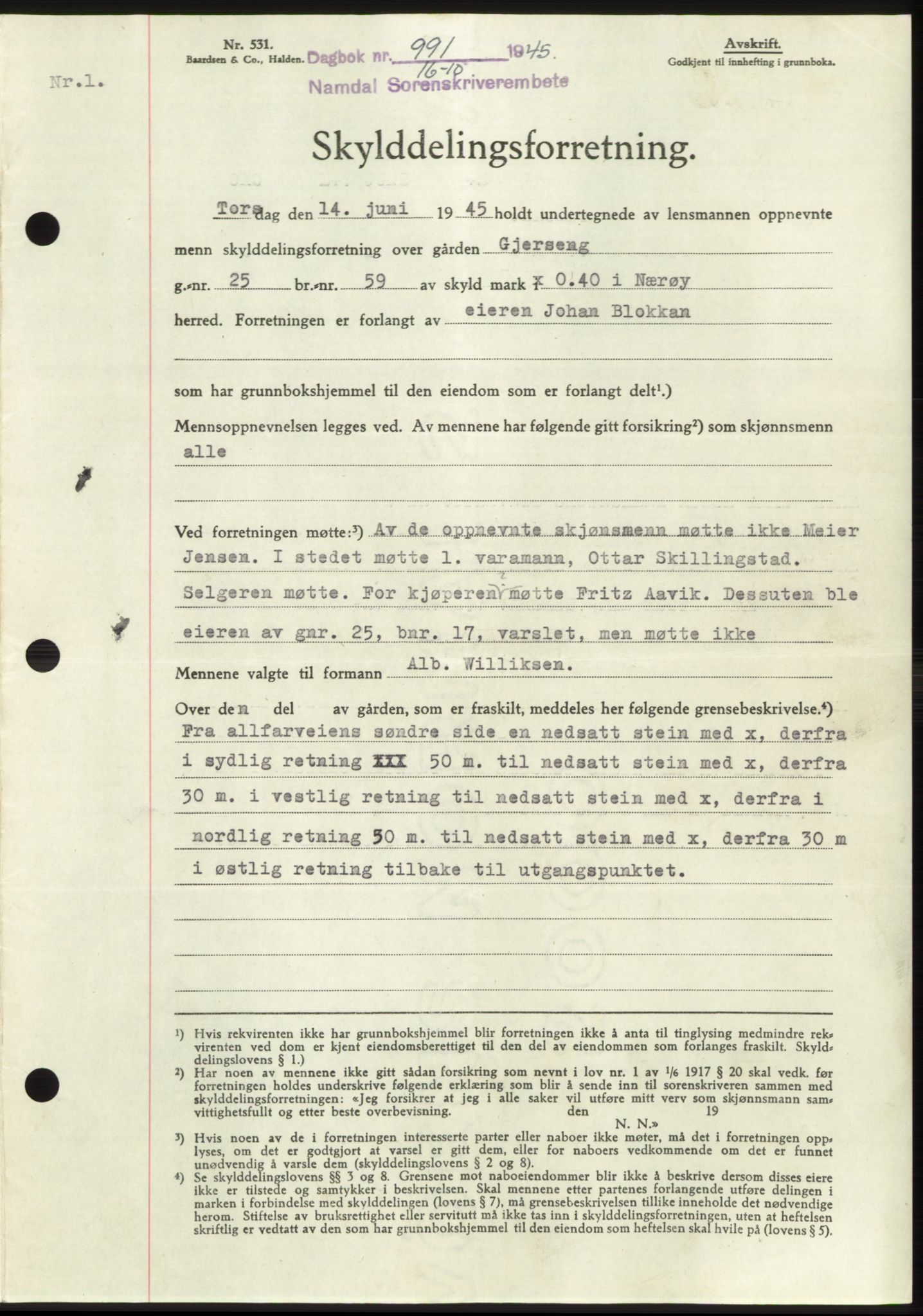 Namdal sorenskriveri, SAT/A-4133/1/2/2C: Pantebok nr. -, 1944-1945, Dagboknr: 991/1945