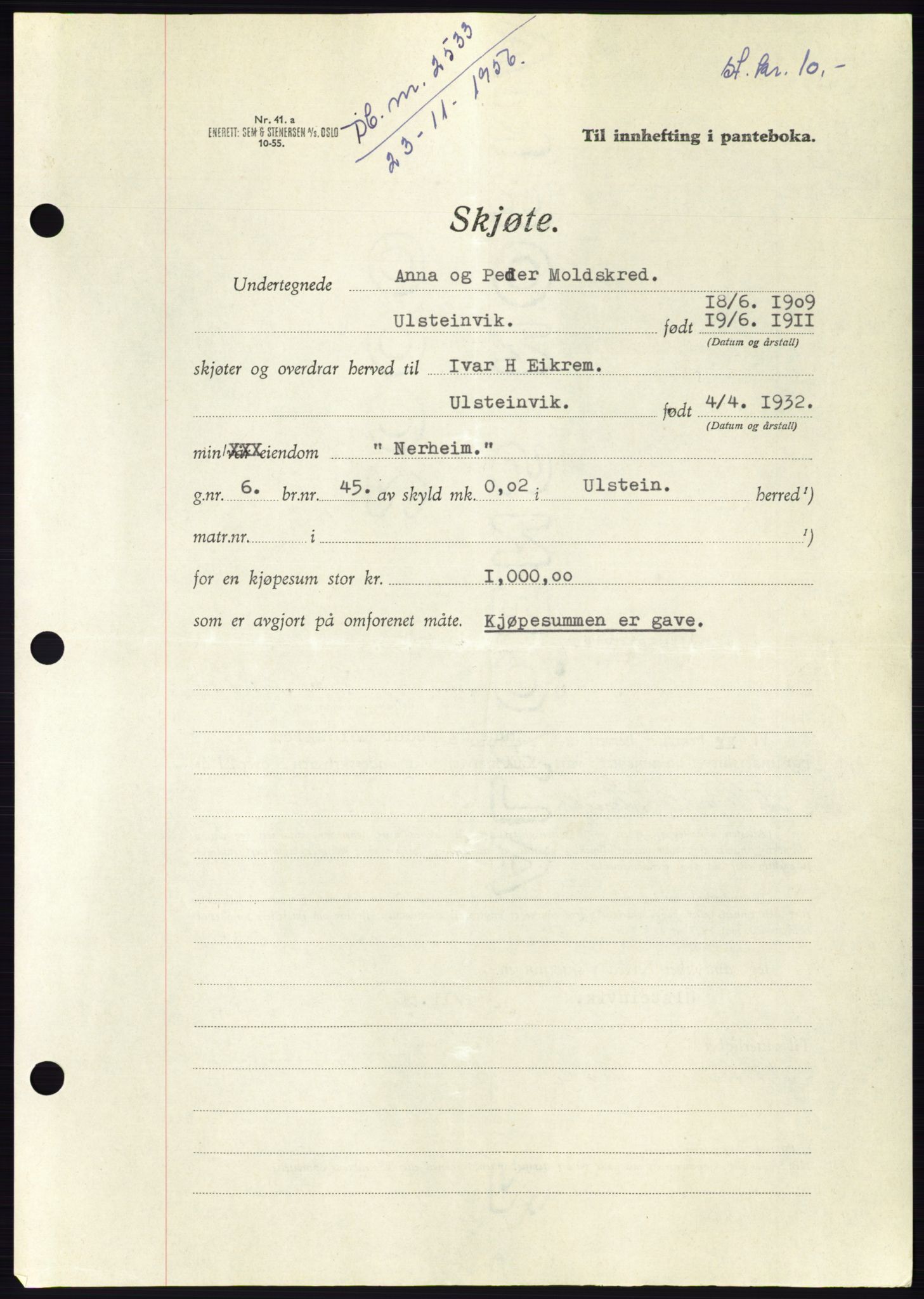 Søre Sunnmøre sorenskriveri, SAT/A-4122/1/2/2C/L0105: Pantebok nr. 31A, 1956-1957, Dagboknr: 2533/1956