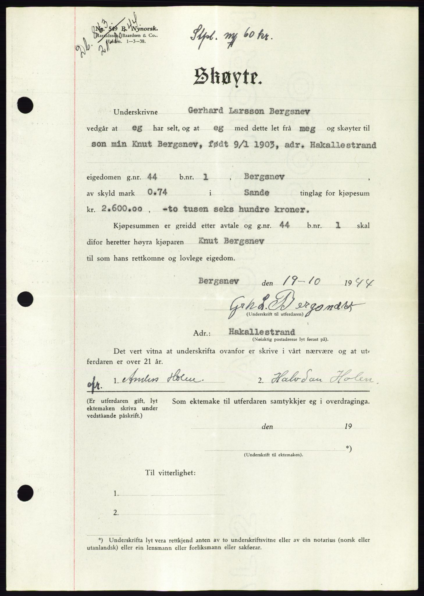 Søre Sunnmøre sorenskriveri, SAT/A-4122/1/2/2C/L0076: Pantebok nr. 2A, 1943-1944, Dagboknr: 863/1944