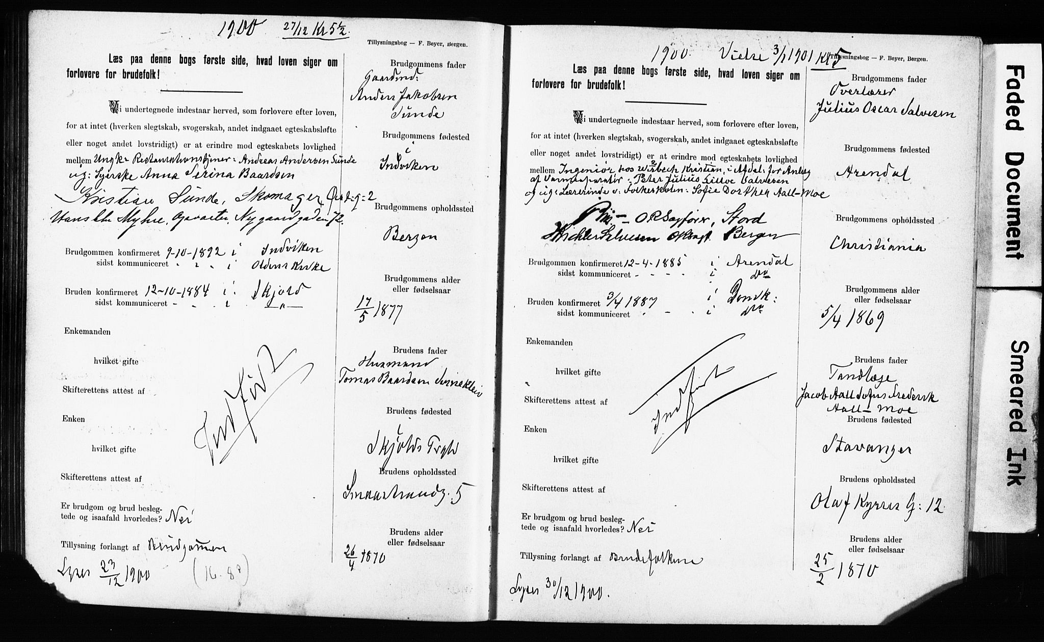 Domkirken sokneprestembete, SAB/A-74801: Forlovererklæringer nr. II.5.11, 1899-1910, s. 48