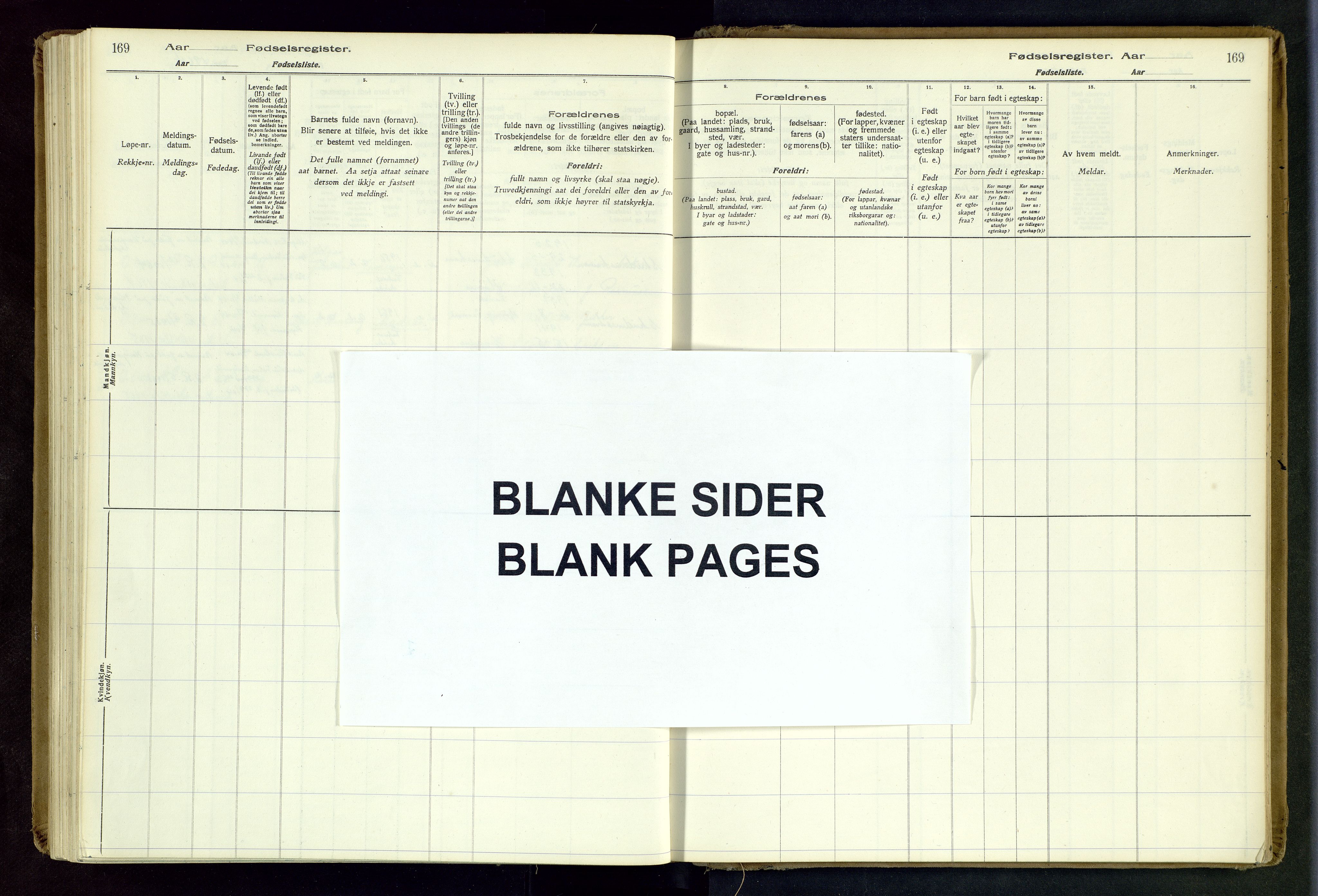 Skudenes sokneprestkontor, SAST/A -101849/I/Id/L0003: Fødselsregister nr. 3, 1916-1964, s. 169