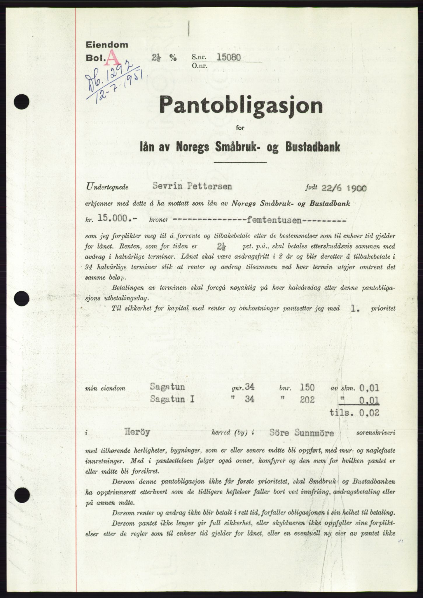 Søre Sunnmøre sorenskriveri, SAT/A-4122/1/2/2C/L0120: Pantebok nr. 8B, 1951-1951, Dagboknr: 1292/1951