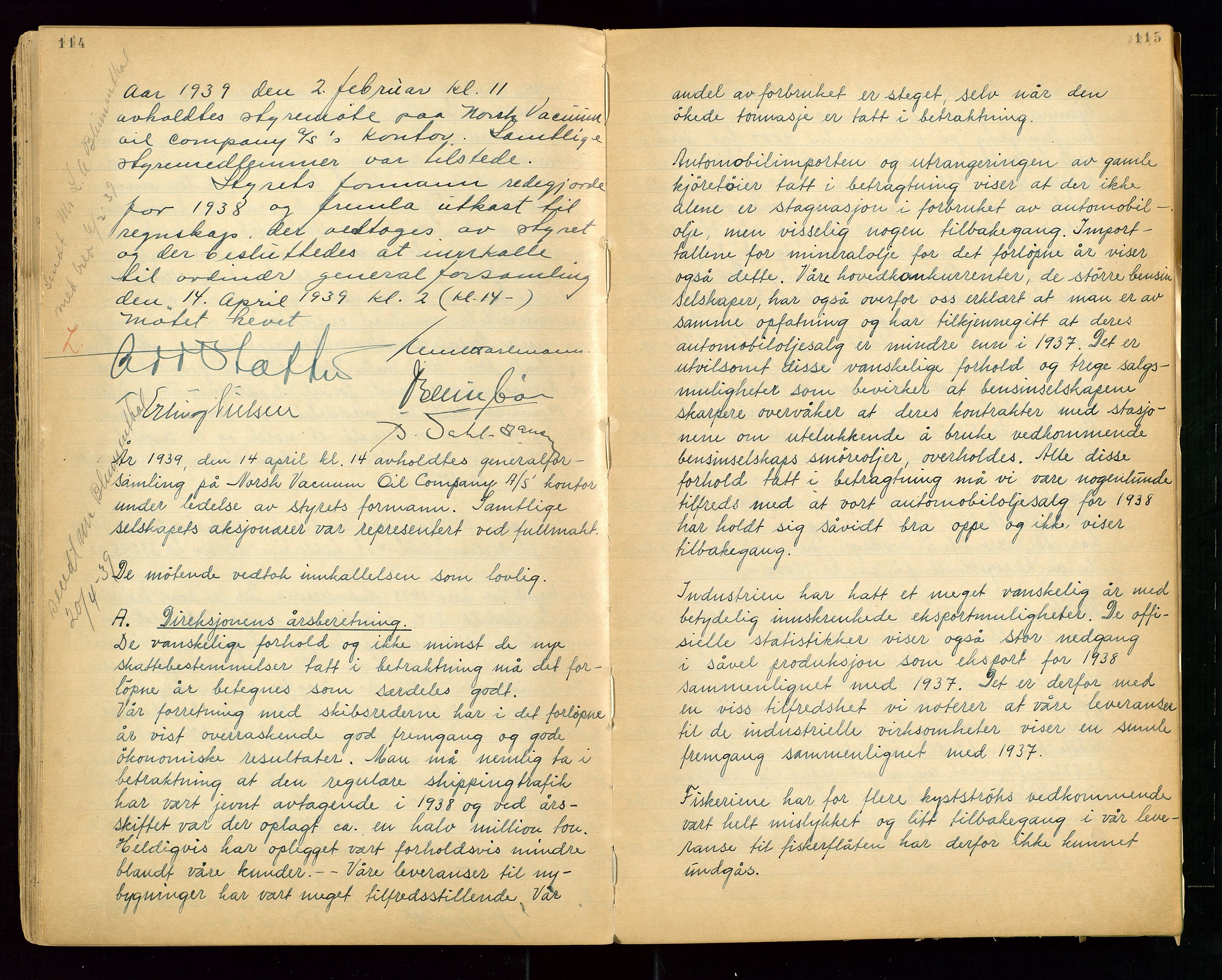 PA 1513 - Norsk Vacuum Oil Company A/S, SAST/A-101918/A/L0001: "Generalforsamlings og styreprotokoll" fra 27/4-1918 til 6/4-1949, 1918-1949, s. 114-115