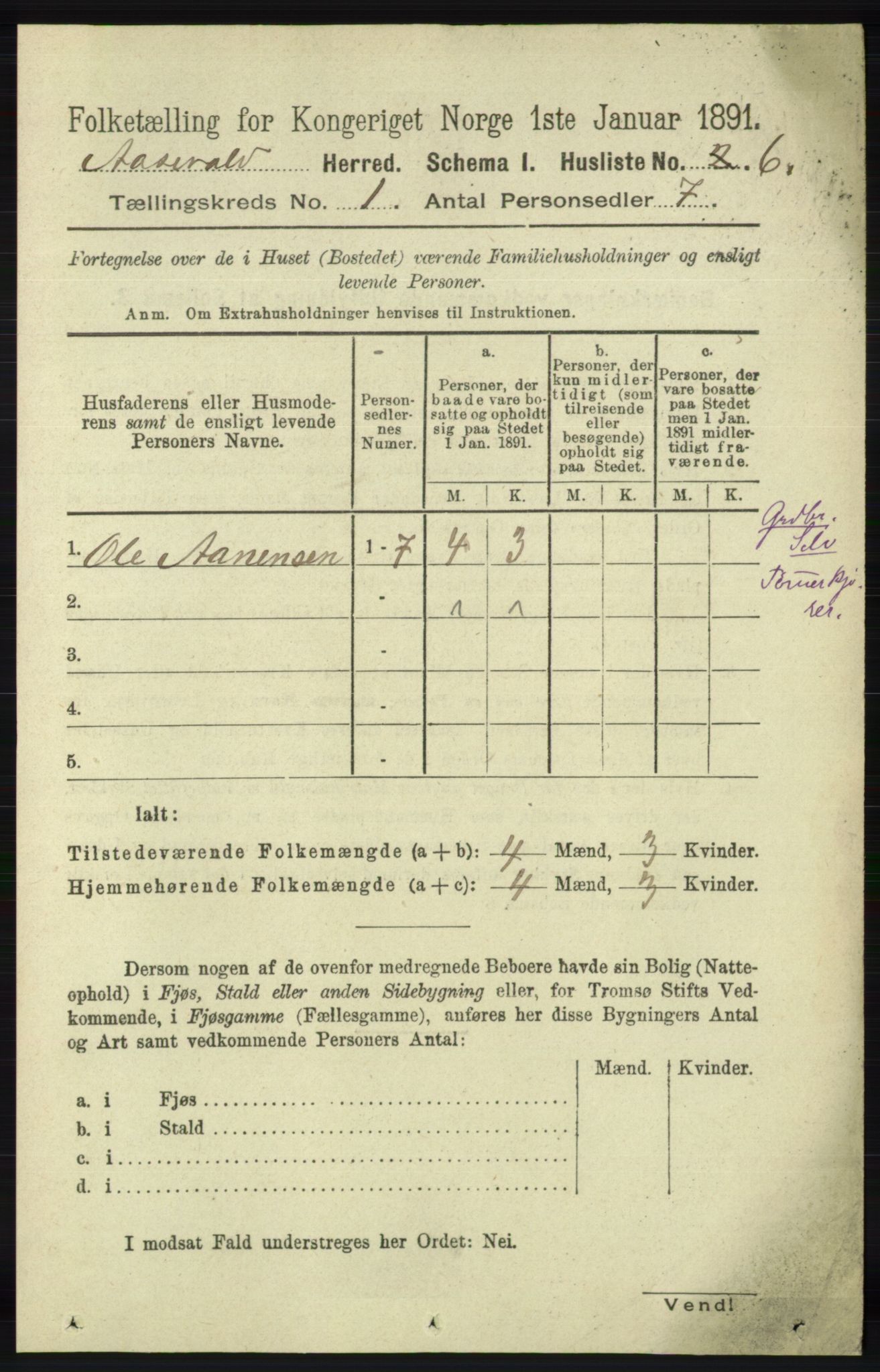 RA, Folketelling 1891 for 1026 Åseral herred, 1891, s. 22