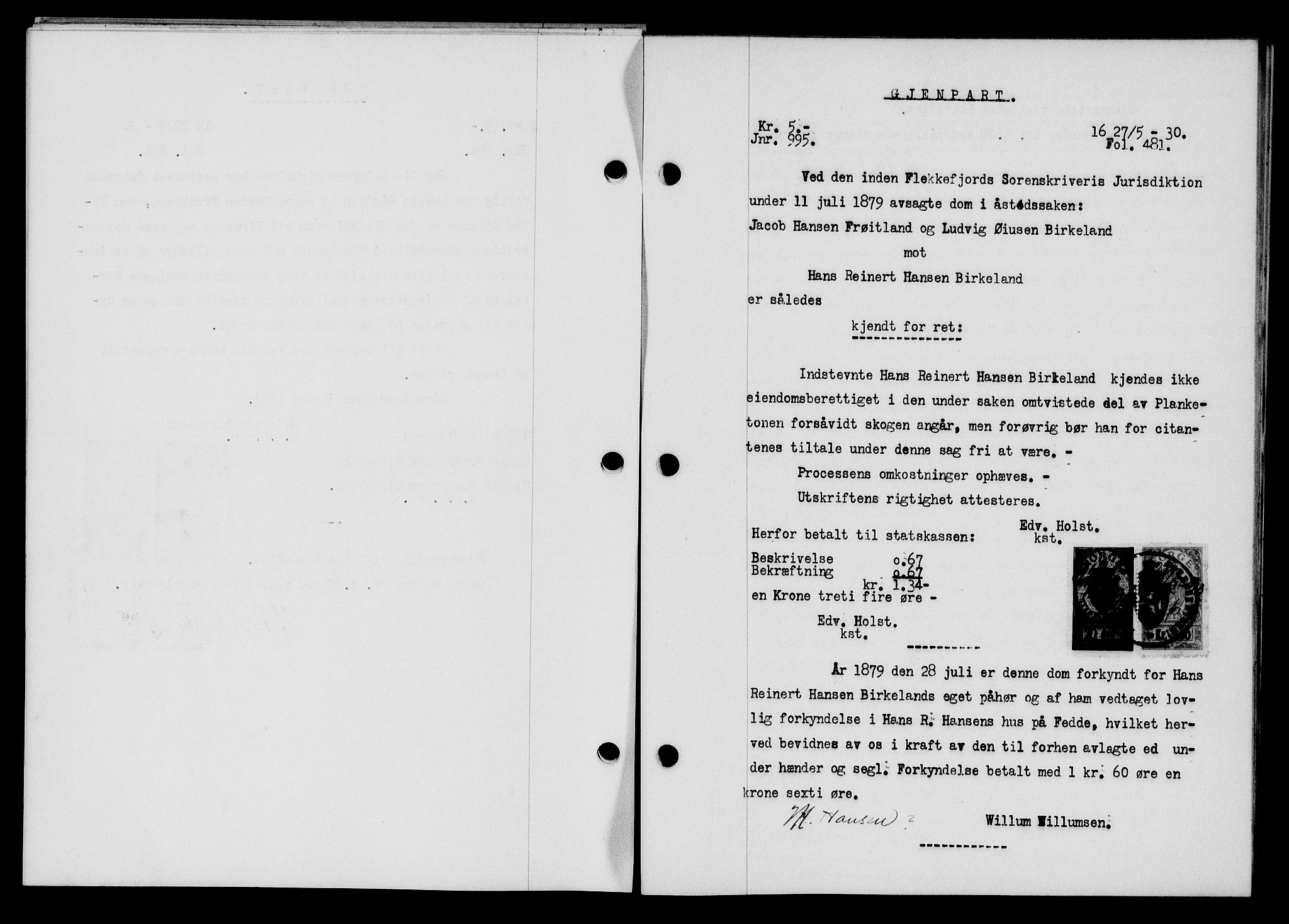 Flekkefjord sorenskriveri, SAK/1221-0001/G/Gb/Gba/L0045: Pantebok nr. 43, 1929-1930, Tingl.dato: 27.05.1930