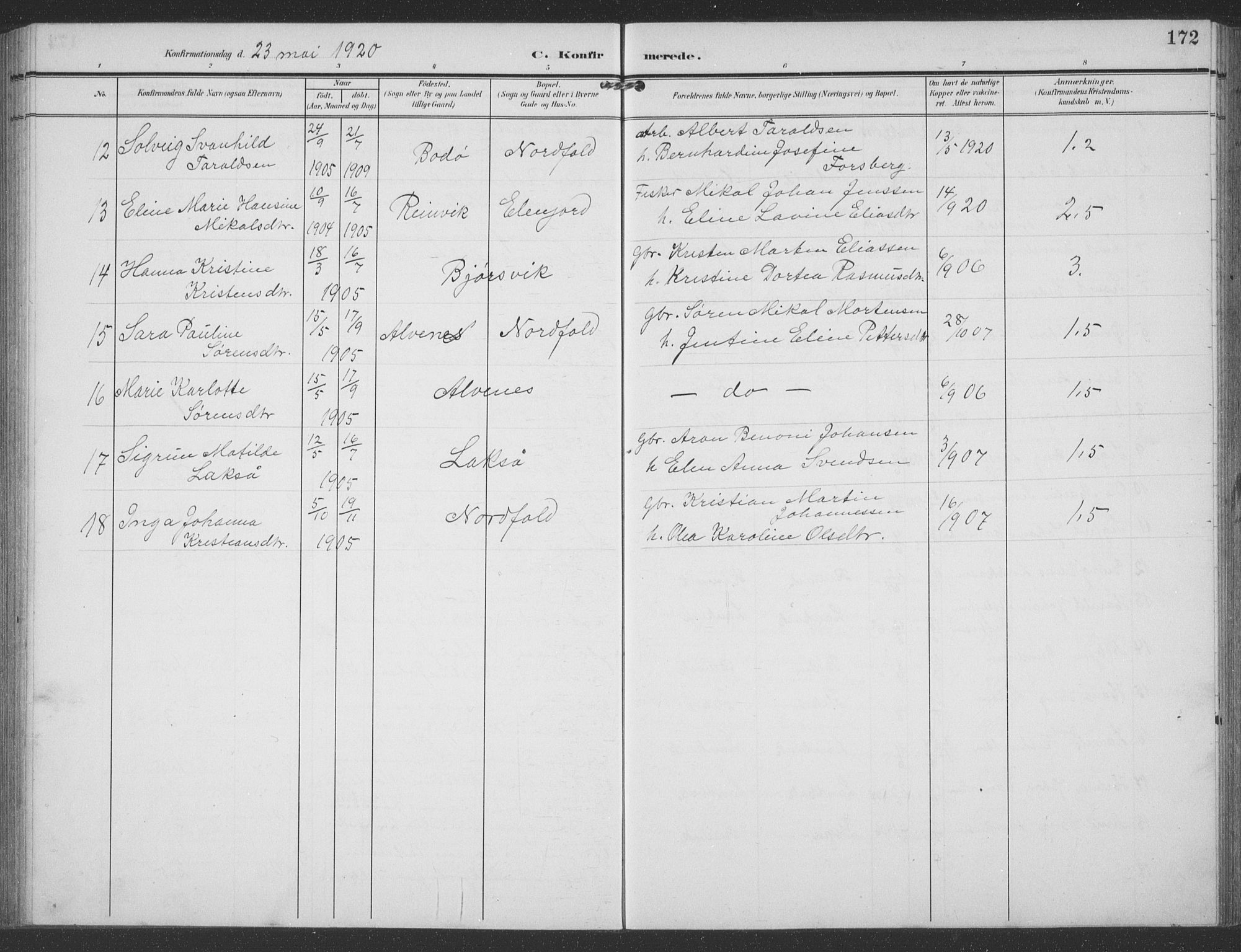 Ministerialprotokoller, klokkerbøker og fødselsregistre - Nordland, AV/SAT-A-1459/858/L0835: Klokkerbok nr. 858C02, 1904-1940, s. 172