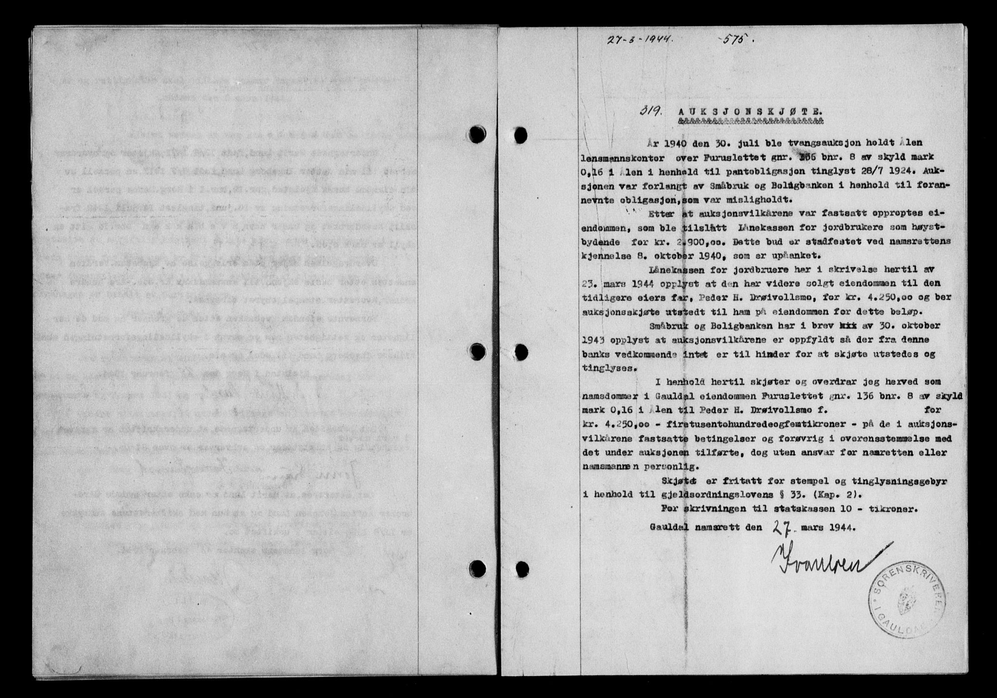 Gauldal sorenskriveri, SAT/A-0014/1/2/2C/L0057: Pantebok nr. 62, 1943-1944, Dagboknr: 319/1944