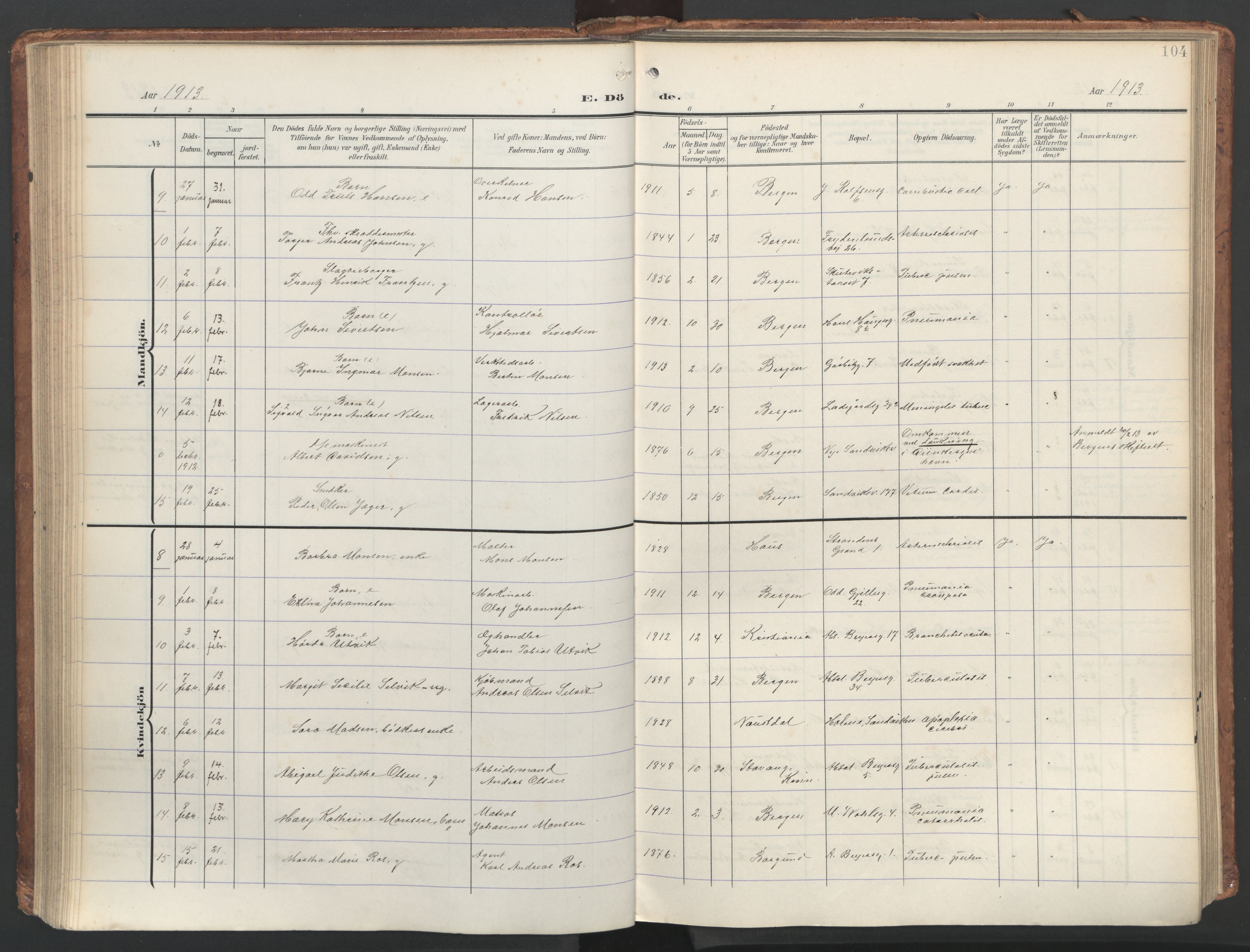 Sandviken Sokneprestembete, AV/SAB-A-77601/H/Ha/L0019: Ministerialbok nr. E 2, 1905-1933, s. 104